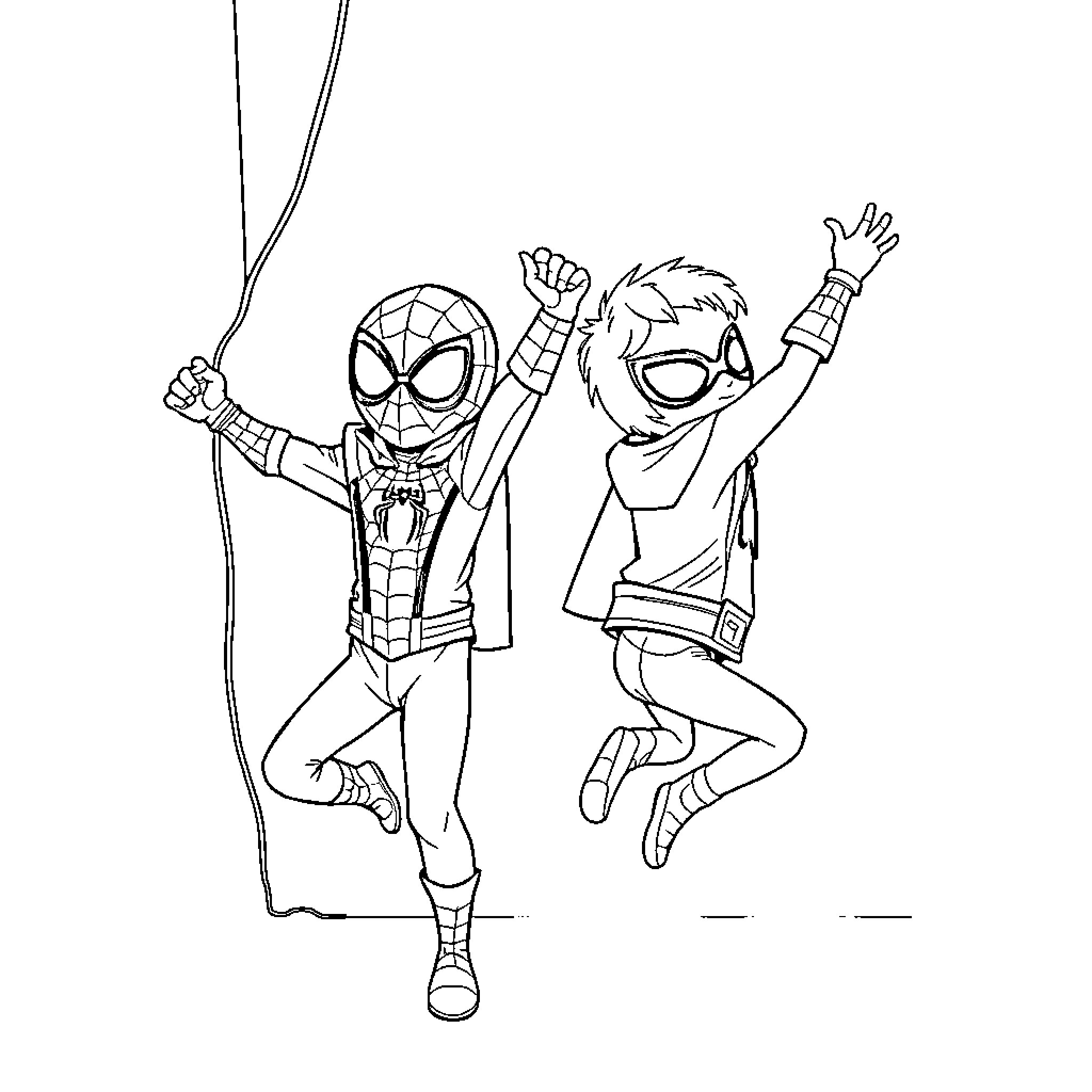 Spider-Man and Spider-Man Jumping Excitedly Coloring Page (free black-and-white line drawing printable PDF for all, from beginners to advanced learners, including children, teens, adults, and seniors)
