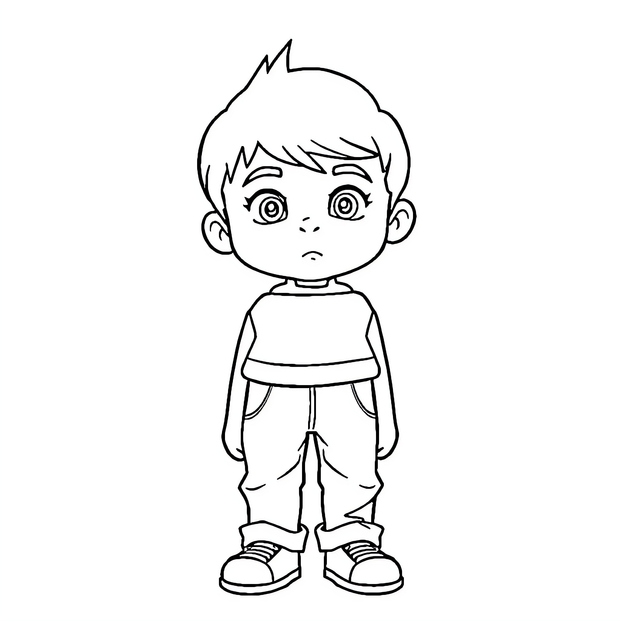 Boy with curious expression and casual outfit Coloring Page (free black-and-white line drawing printable PDF for all, from beginners to advanced learners, including children, teens, adults, and seniors)