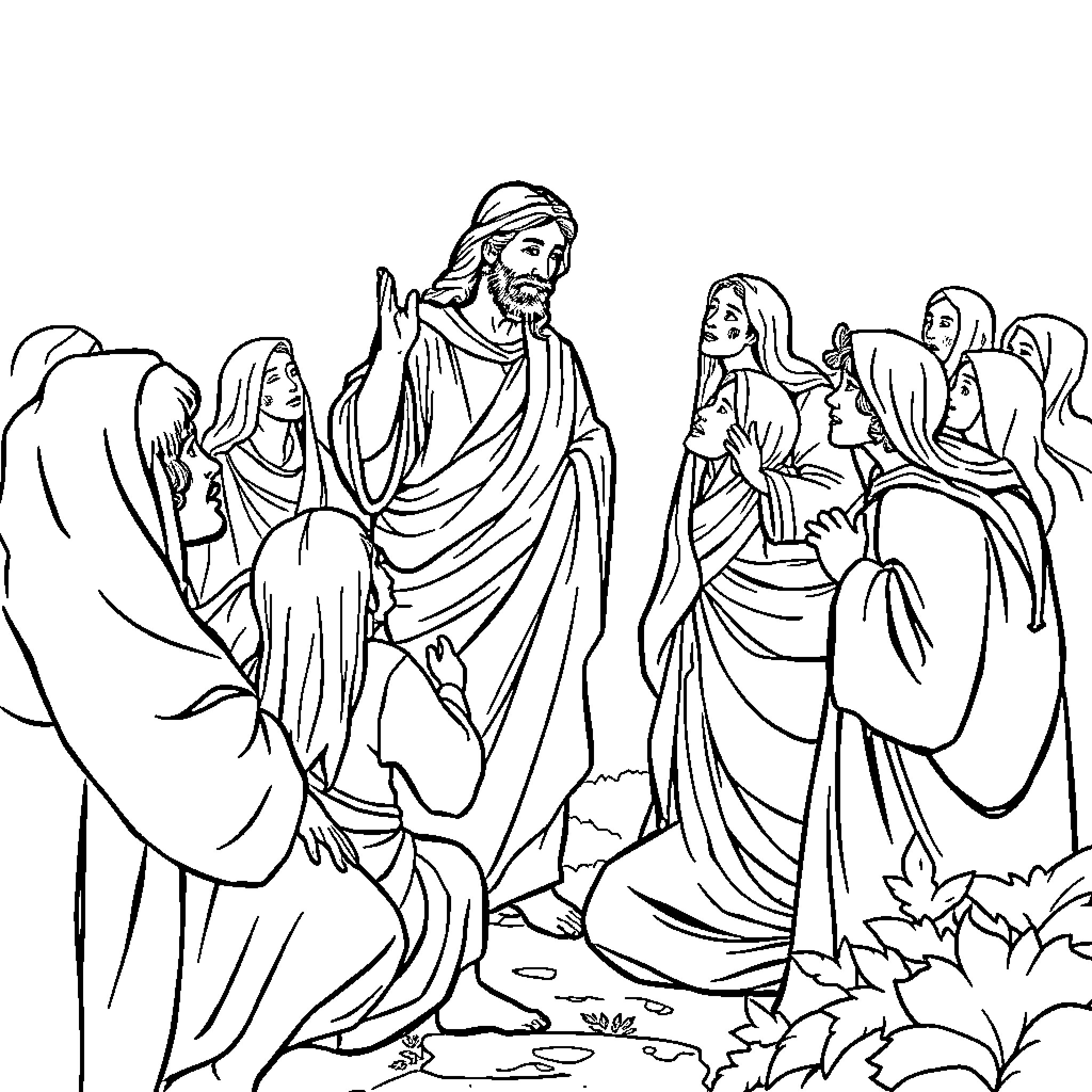Jesus teaching and conversing with his disciples Coloring Page (free black-and-white line drawing printable PDF for all, from beginners to advanced learners, including children, teens, adults, and seniors)