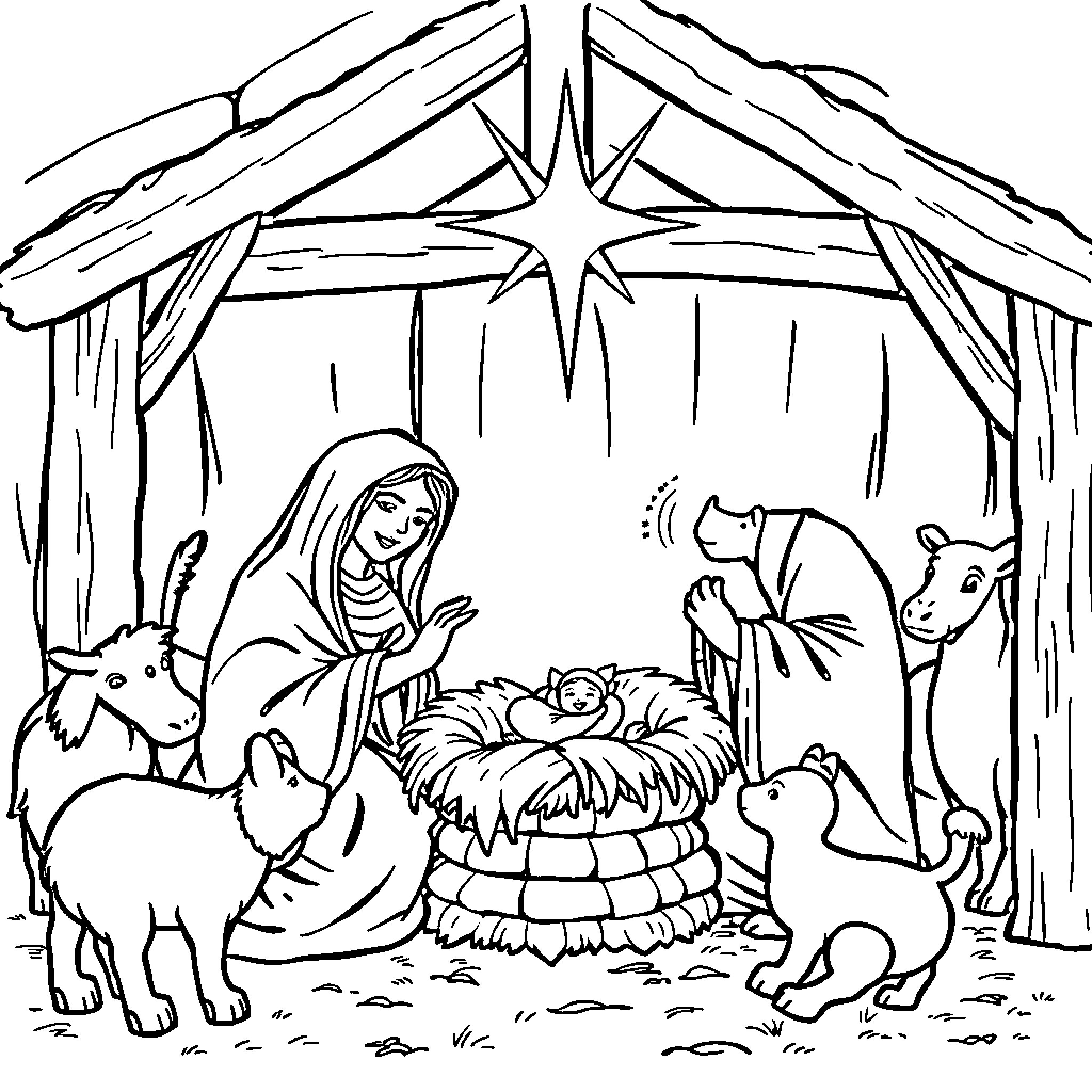Jesus' Nativity with Animals and Star Coloring Page (free black-and-white line drawing printable PDF for all, from beginners to advanced learners, including children, teens, adults, and seniors)