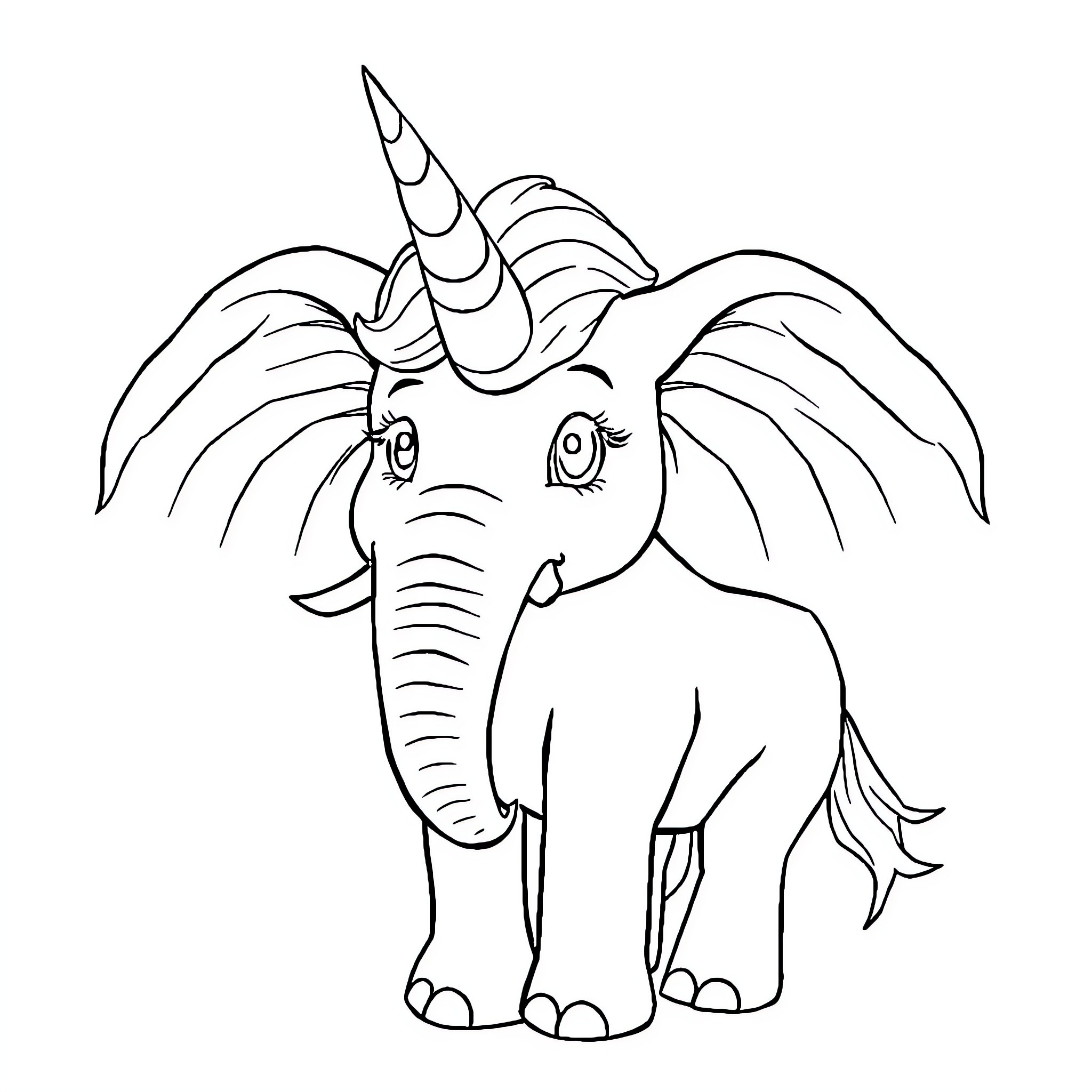 Elephantcorn unicorn-themed elephant Coloring Page (free black-and-white line drawing printable PDF for all, from beginners to advanced learners, including children, teens, adults, and seniors)