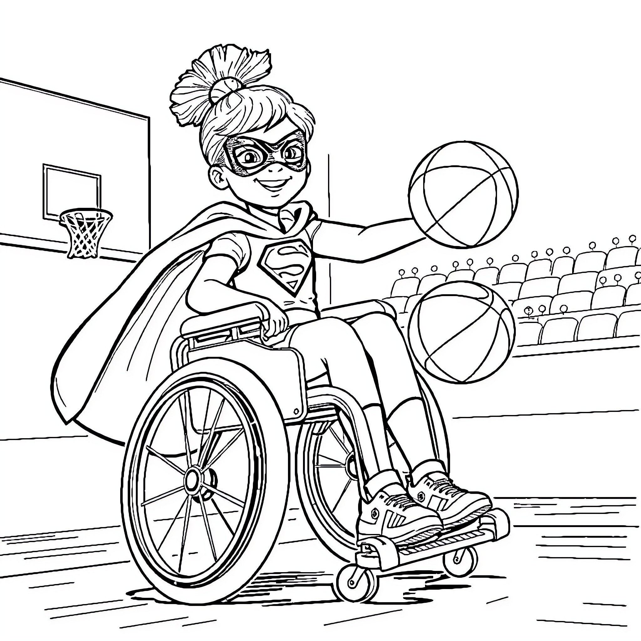 Superhero Girl in Wheelchair Playing Basketball Coloring Page (free black-and-white line drawing printable PDF for all, from beginners to advanced learners, including children, teens, adults, and seniors)