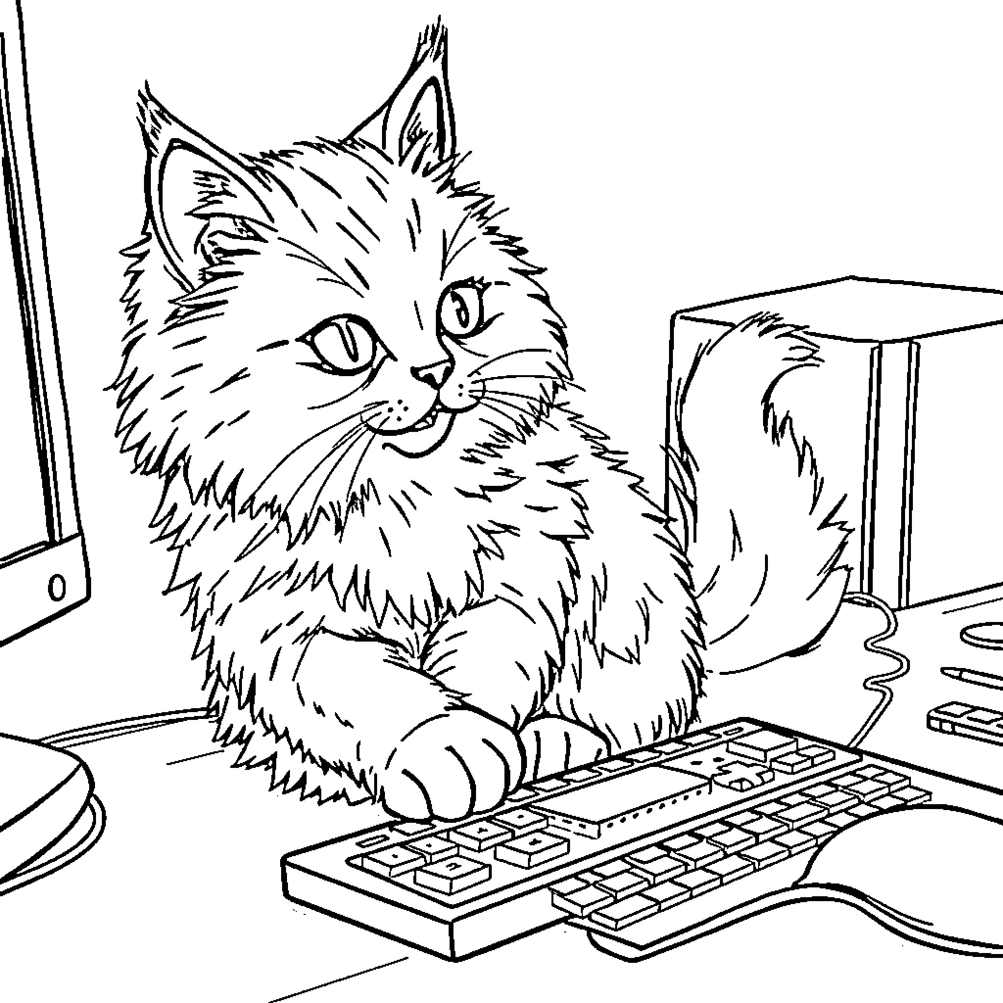 Cat sitting at computer desk Coloring Page (free black-and-white line drawing printable PDF for all, from beginners to advanced learners, including children, teens, adults, and seniors)