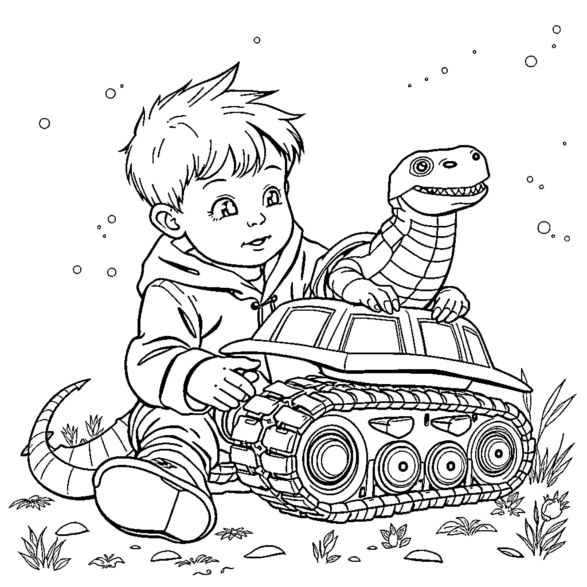 Child playing happily with toy tank and dinosaur Coloring Page (free black-and-white line drawing printable PDF for all, from beginners to advanced learners, including children, teens, adults, and seniors)