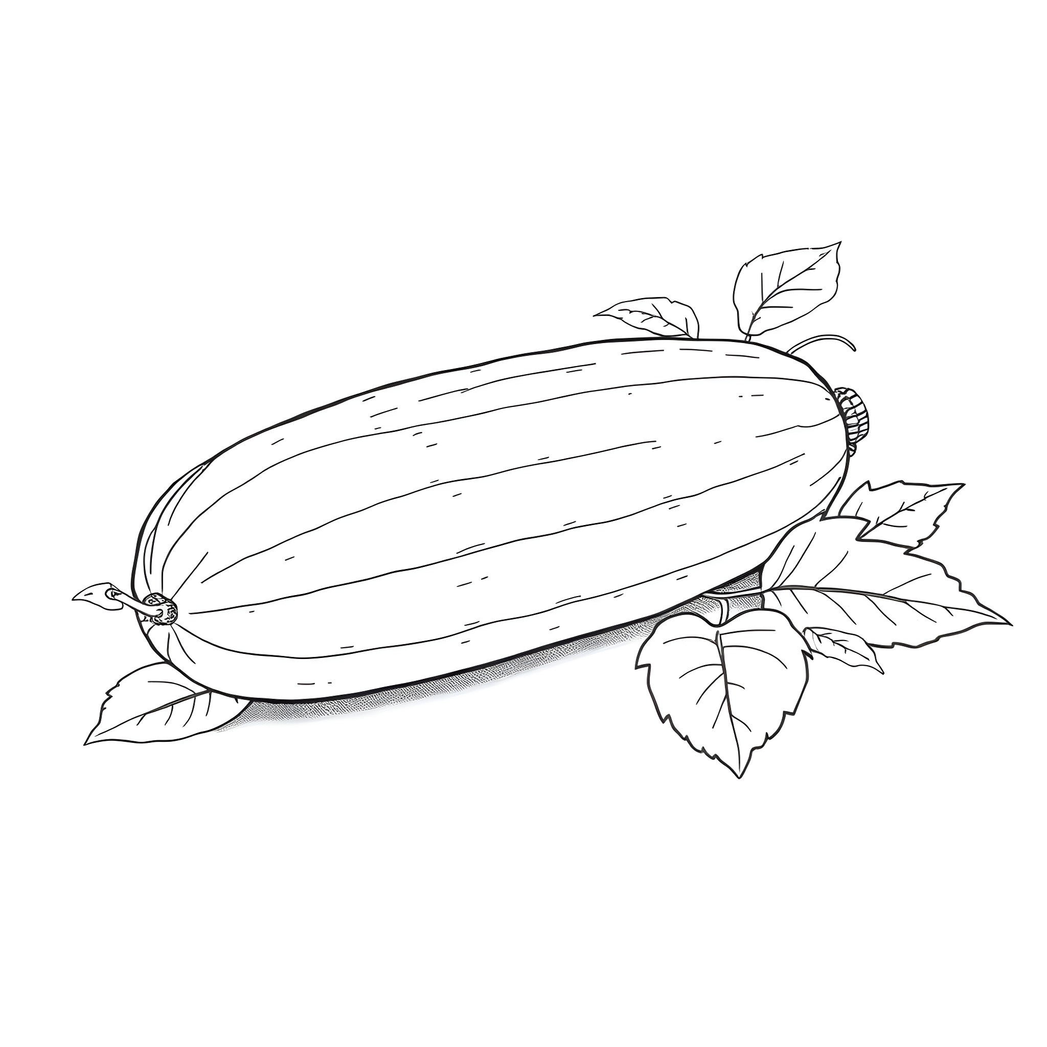 Cucumber with Leaves in Outline Coloring Page (free black-and-white line drawing printable PDF for all, from beginners to advanced learners, including children, teens, adults, and seniors)