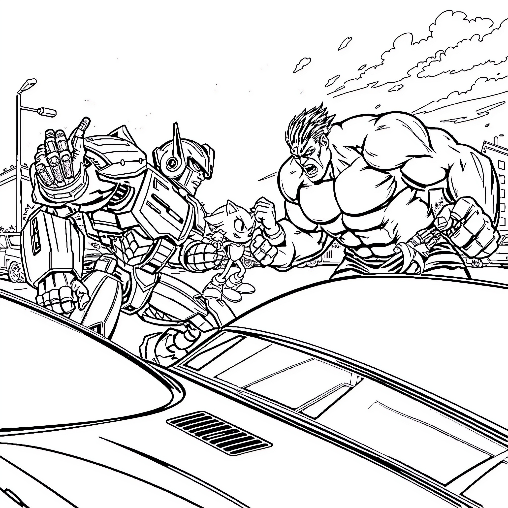 Bumblebee faces off against a powerful foe in an epic battle Coloring Page (free black-and-white line drawing printable PDF for all, from beginners to advanced learners, including children, teens, adults, and seniors)