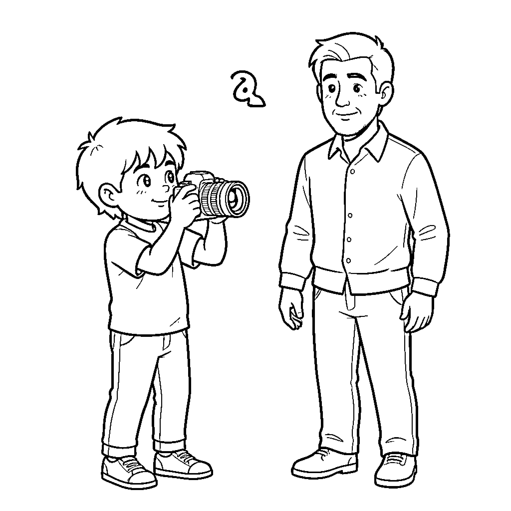 Boy taking a photo of a man Coloring Page (free black-and-white line drawing printable PDF for all, from beginners to advanced learners, including children, teens, adults, and seniors)