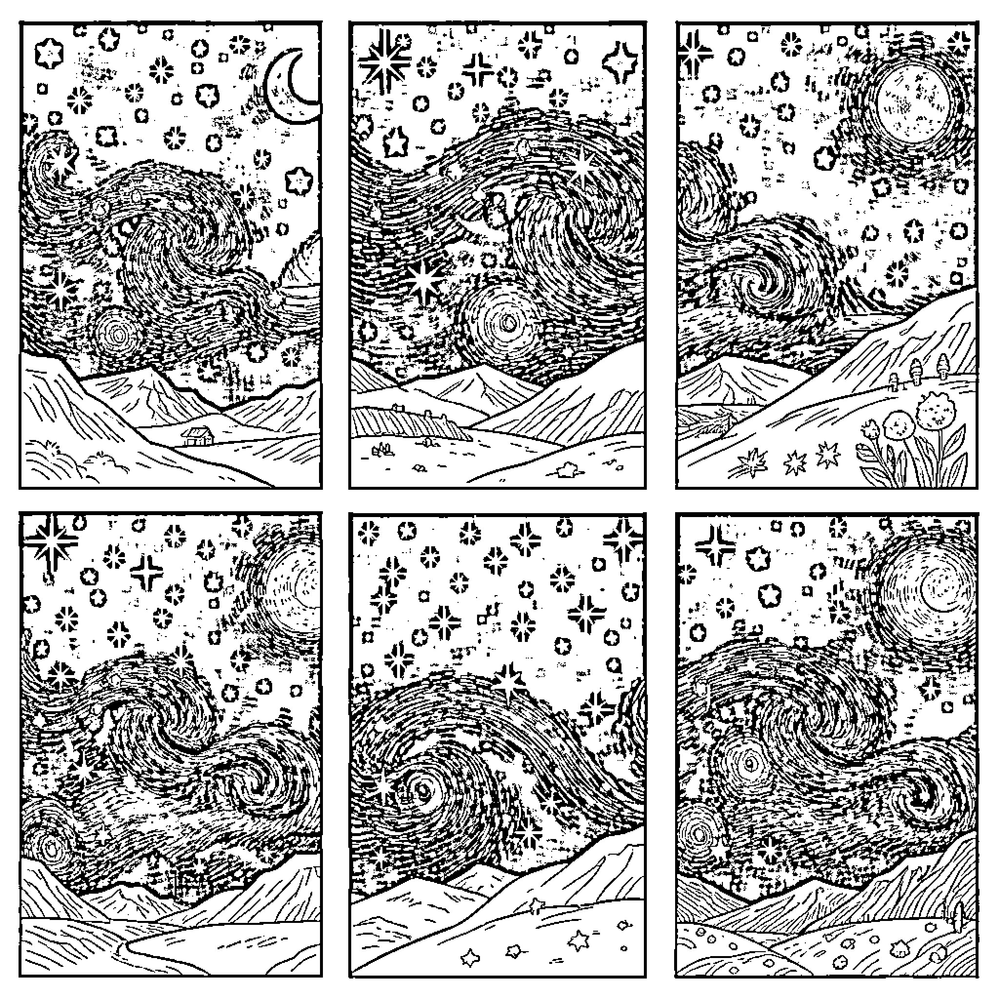 Noche Estrellada: Celestial Landscapes and Cosmic Motifs Coloring Page (free black-and-white line drawing printable PDF for all, from beginners to advanced learners, including children, teens, adults, and seniors)