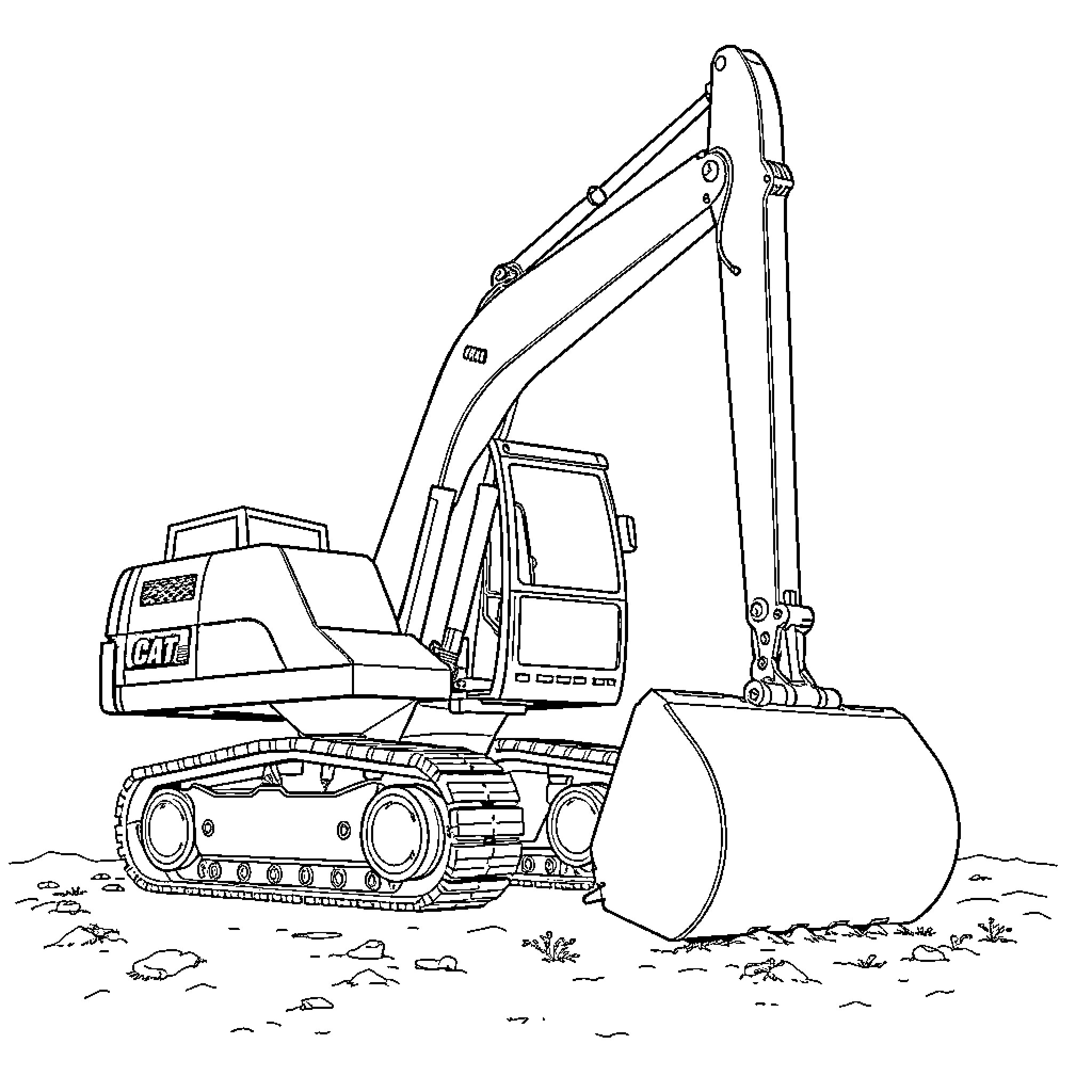 Excavator digging and moving earth on construction site Coloring Page (free black-and-white line drawing printable PDF for all, from beginners to advanced learners, including children, teens, adults, and seniors)