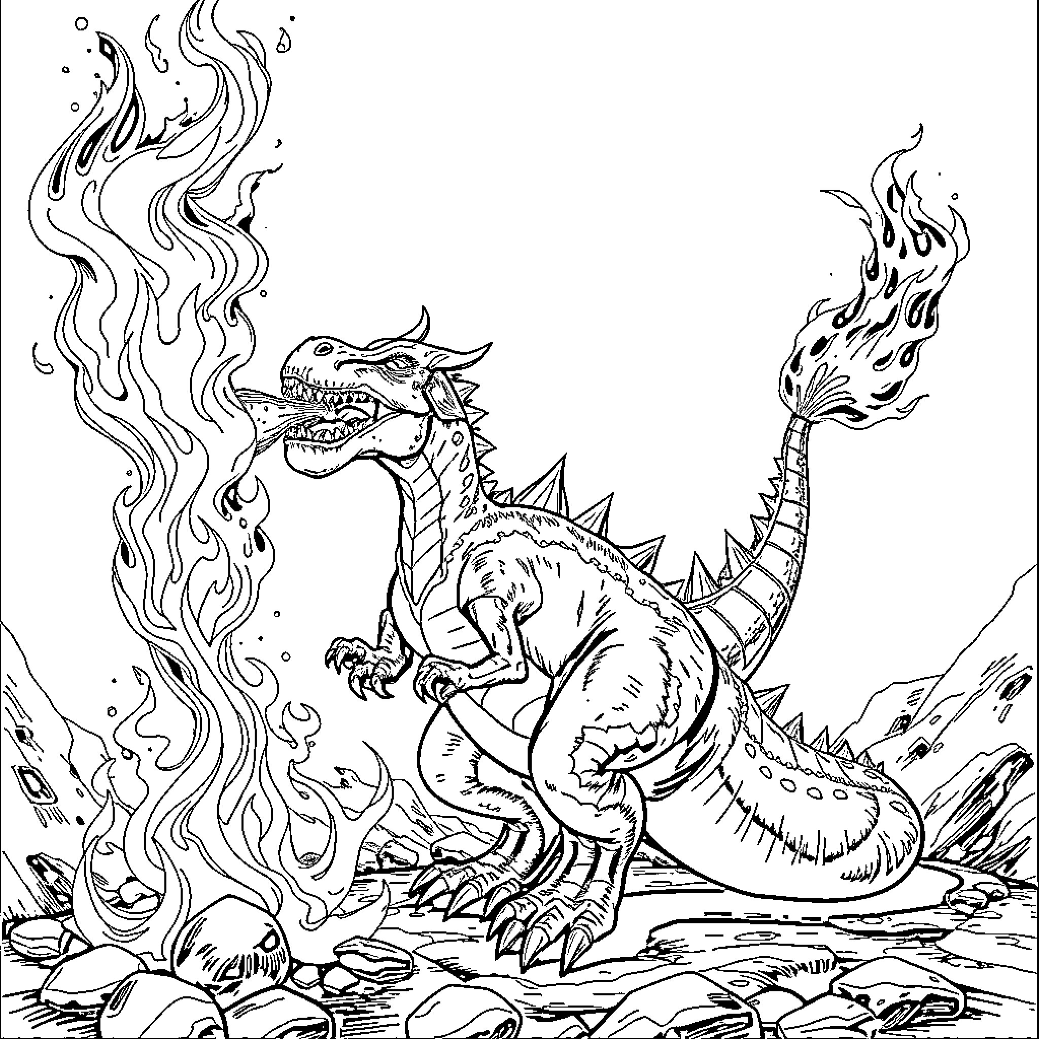 PyroDino unleashes fiery power in rocky terrain Coloring Page (free black-and-white line drawing printable PDF for all, from beginners to advanced learners, including children, teens, adults, and seniors)
