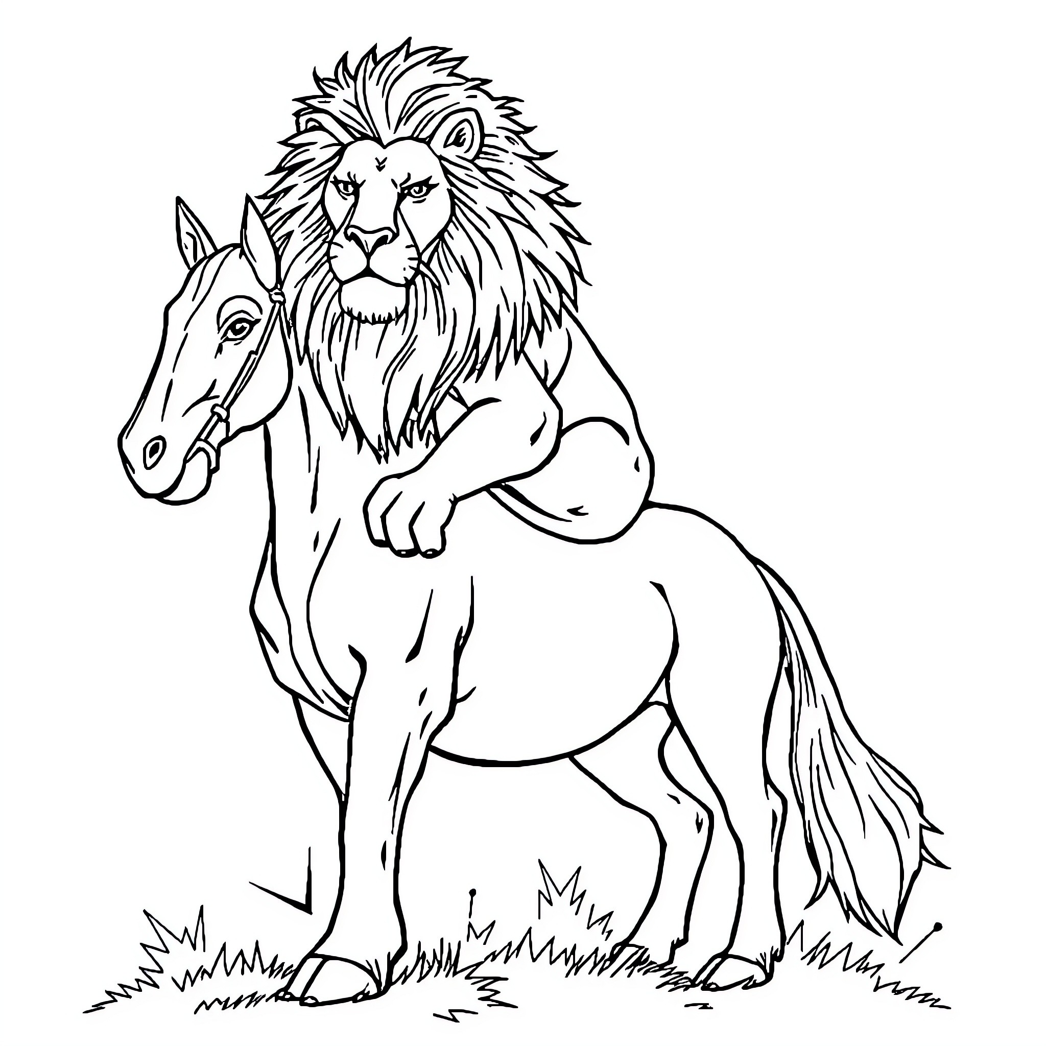 Lion standing next to a horse Coloring Page (free black-and-white line drawing printable PDF for all, from beginners to advanced learners, including children, teens, adults, and seniors)