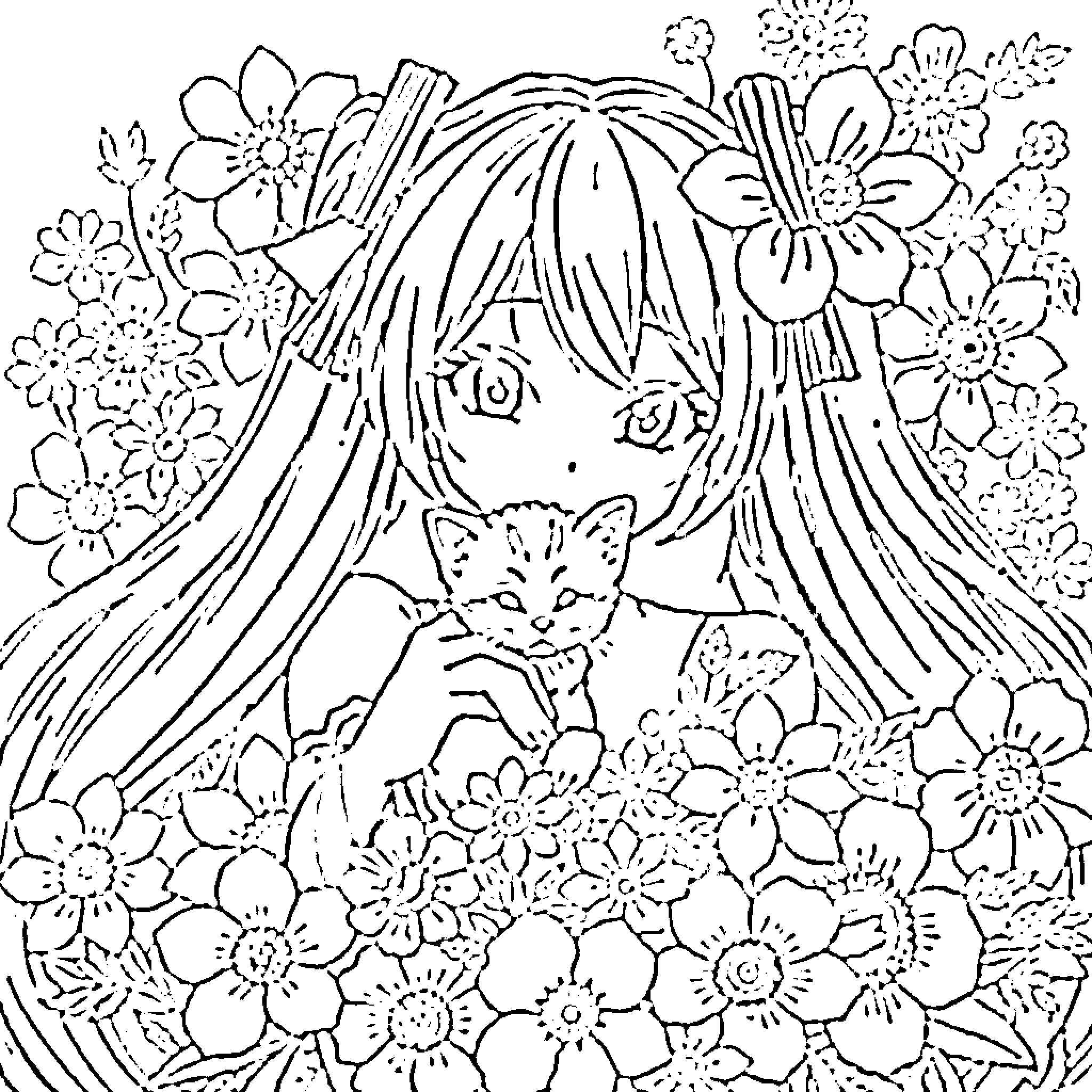 Hatsune Miku surrounded by whimsical flowers and a curious cat Coloring Page (free black-and-white line drawing printable PDF for all, from beginners to advanced learners, including children, teens, adults, and seniors)