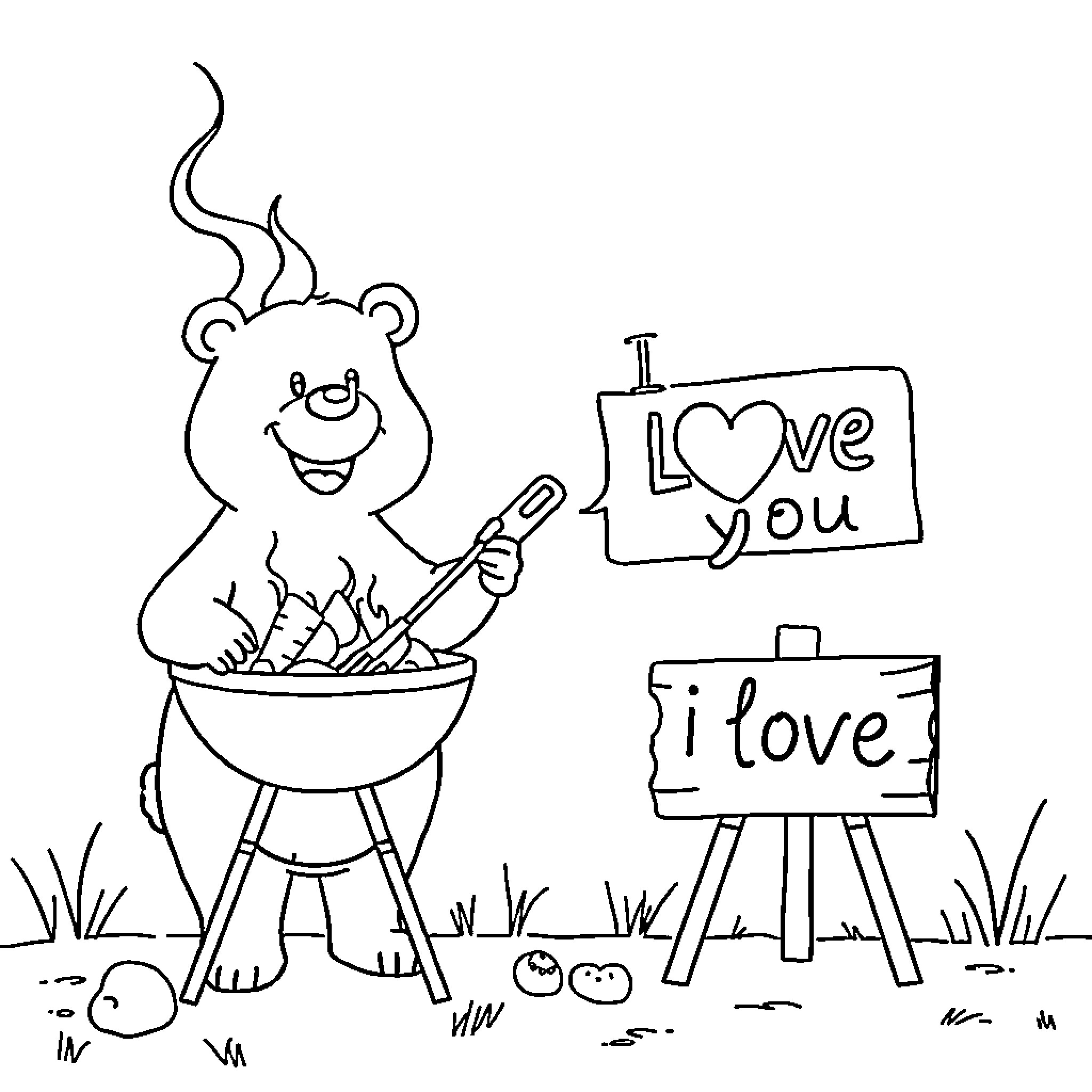 Bear grilling food and expressing love Coloring Page (free black-and-white line drawing printable PDF for all, from beginners to advanced learners, including children, teens, adults, and seniors)