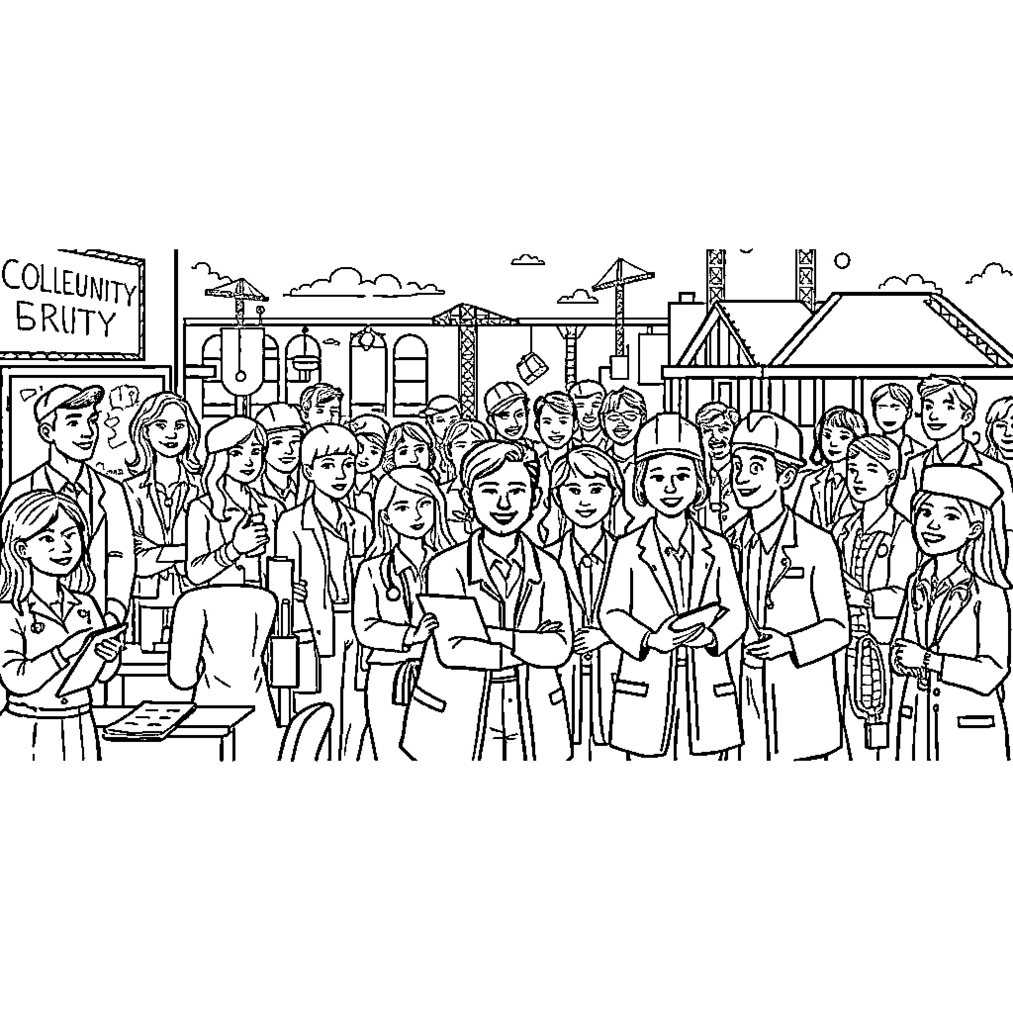 Worker Crowd Gathered at Construction Site Coloring Page (free black-and-white line drawing printable PDF for all, from beginners to advanced learners, including children, teens, adults, and seniors)