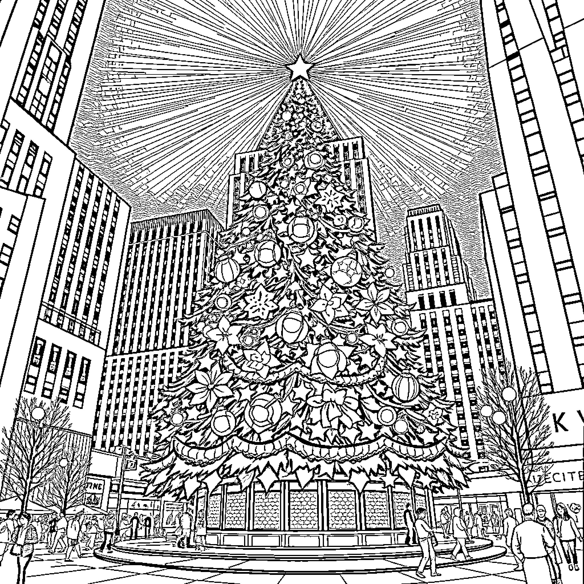Tree-inspired Christmas scene in the city Coloring Page (free black-and-white line drawing printable PDF for all, from beginners to advanced learners, including children, teens, adults, and seniors)