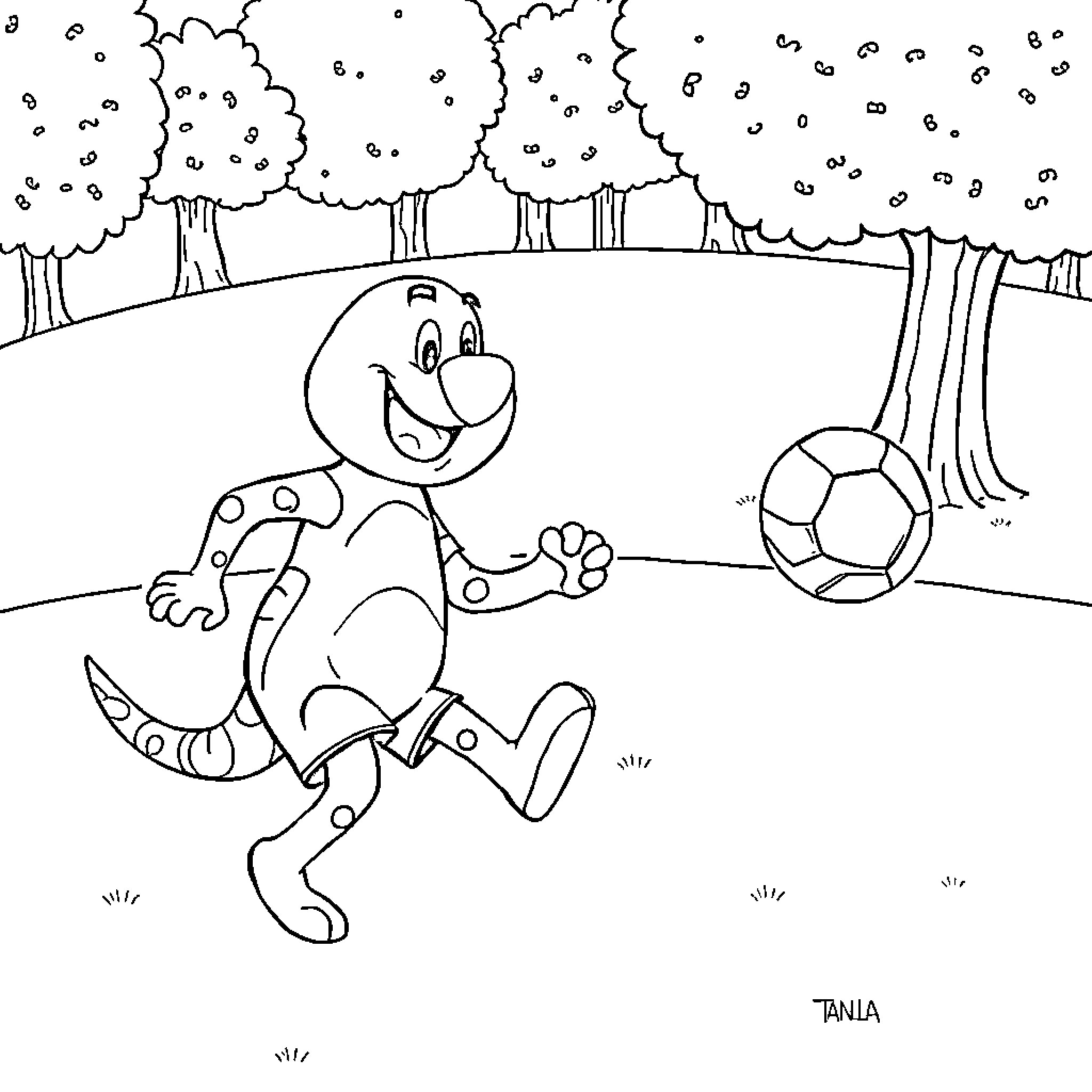 Tartalo playing with a soccer ball in the forest Coloring Page (free black-and-white line drawing printable PDF for all, from beginners to advanced learners, including children, teens, adults, and seniors)