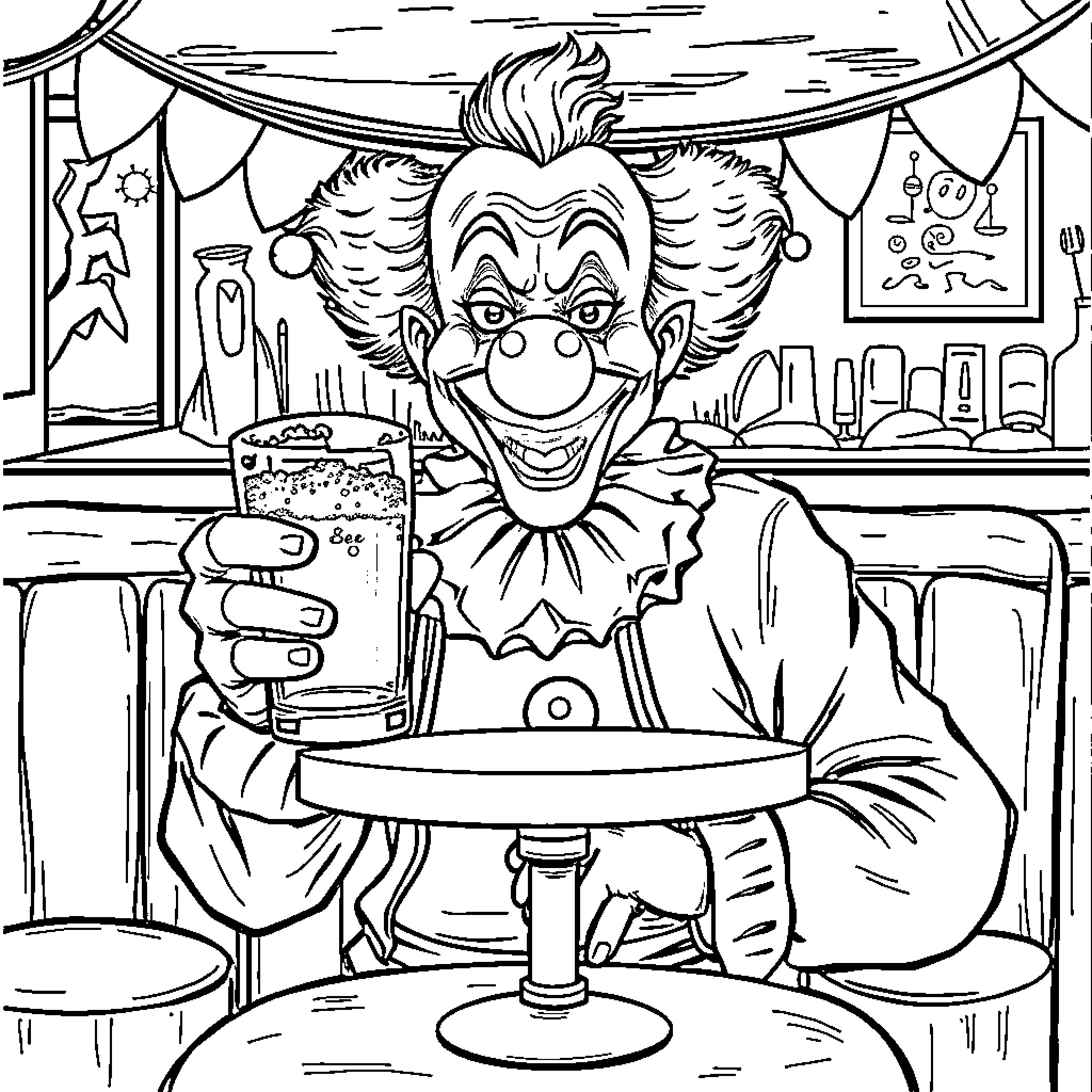 Clown enjoying a drink at the bar Coloring Page (free black-and-white line drawing printable PDF for all, from beginners to advanced learners, including children, teens, adults, and seniors)
