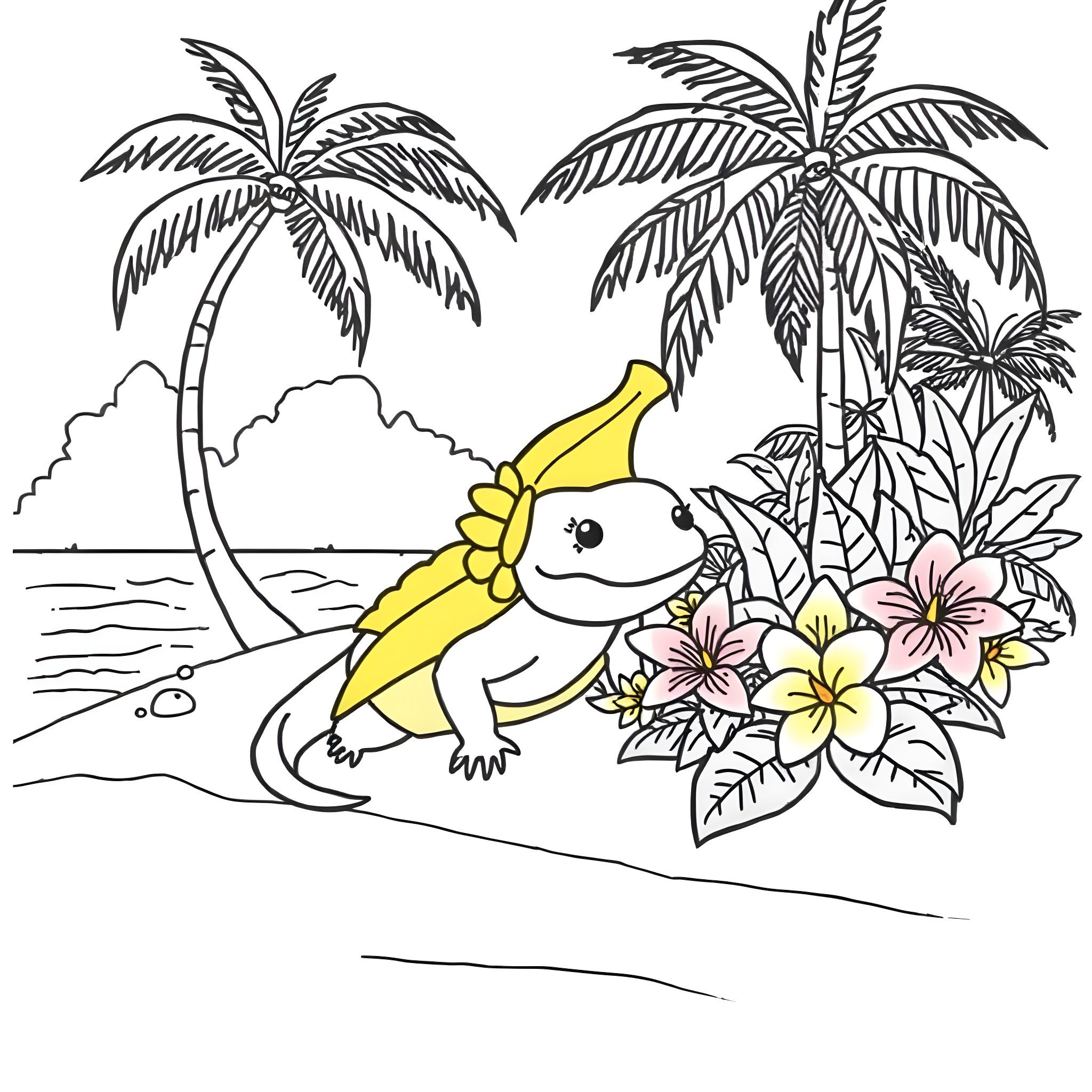 Axolotl exploring tropical beach with palm trees Coloring Page (free black-and-white line drawing printable PDF for all, from beginners to advanced learners, including children, teens, adults, and seniors)