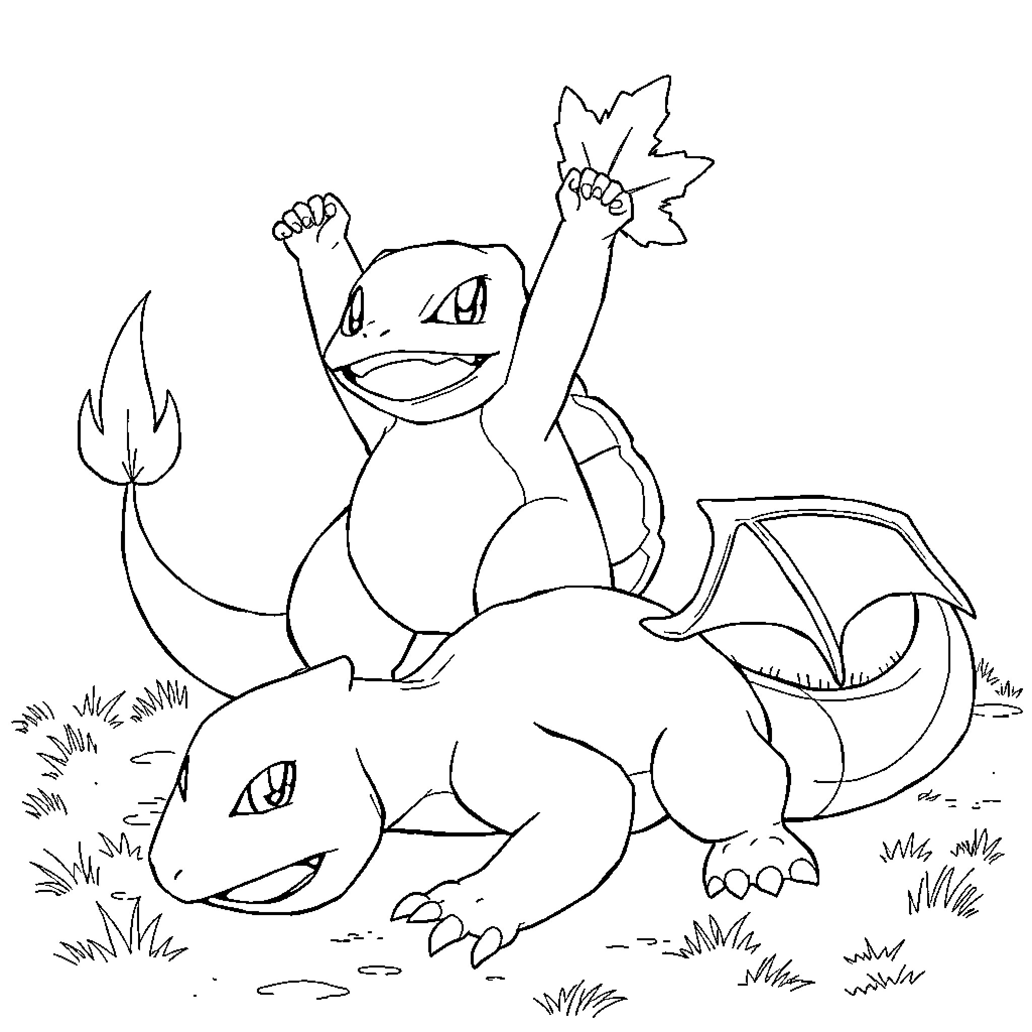 Bulbasaur and Squirtle playing in the grass Coloring Page (free black-and-white line drawing printable PDF for all, from beginners to advanced learners, including children, teens, adults, and seniors)
