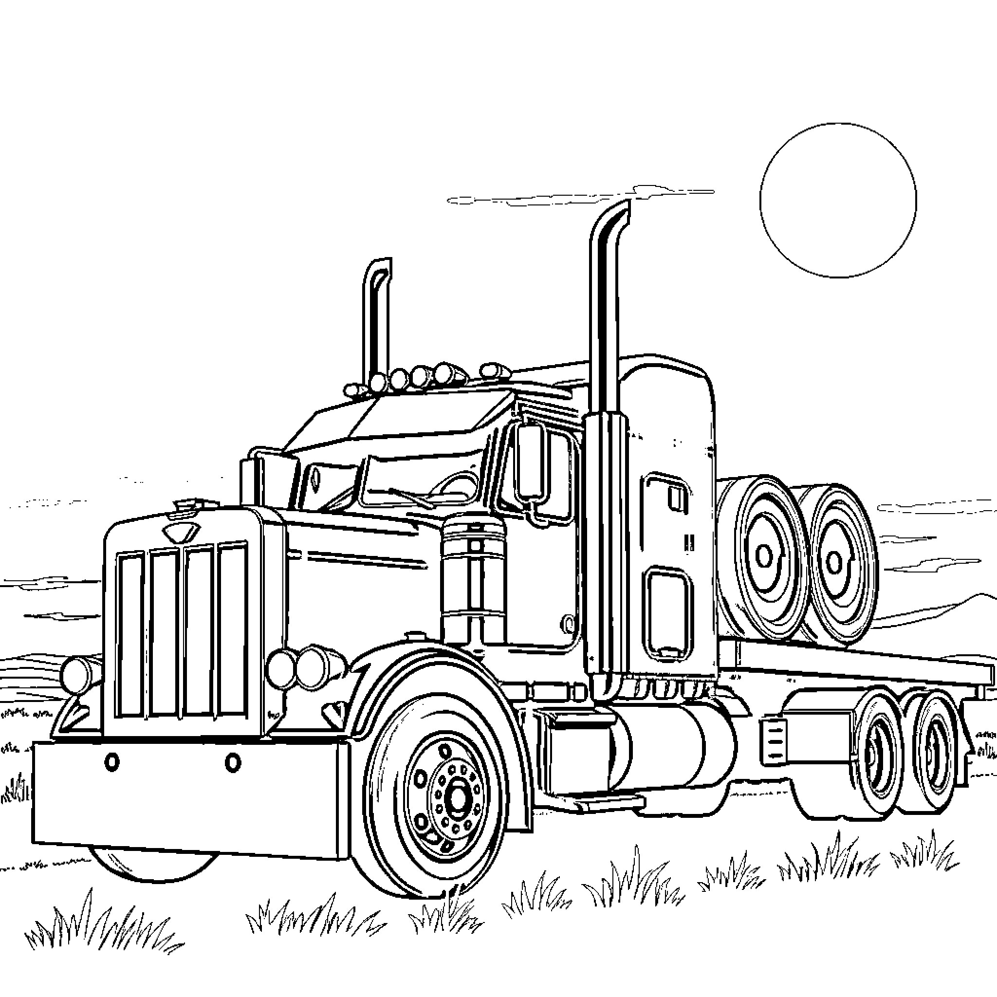 Truck hauling heavy industrial equipment on the highway Coloring Page (free black-and-white line drawing printable PDF for all, from beginners to advanced learners, including children, teens, adults, and seniors)