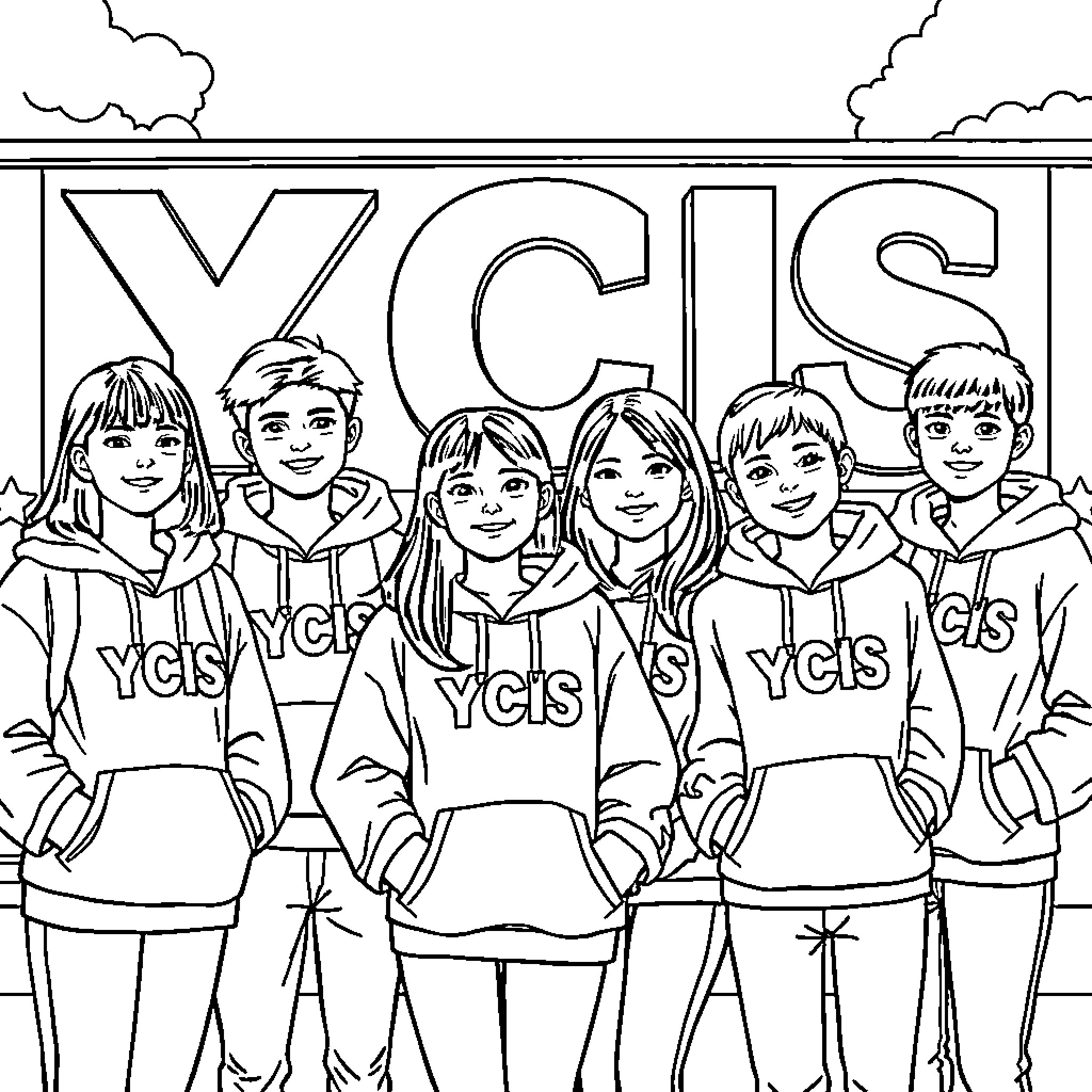 Student group portrait in school uniforms Coloring Page (free black-and-white line drawing printable PDF for all, from beginners to advanced learners, including children, teens, adults, and seniors)