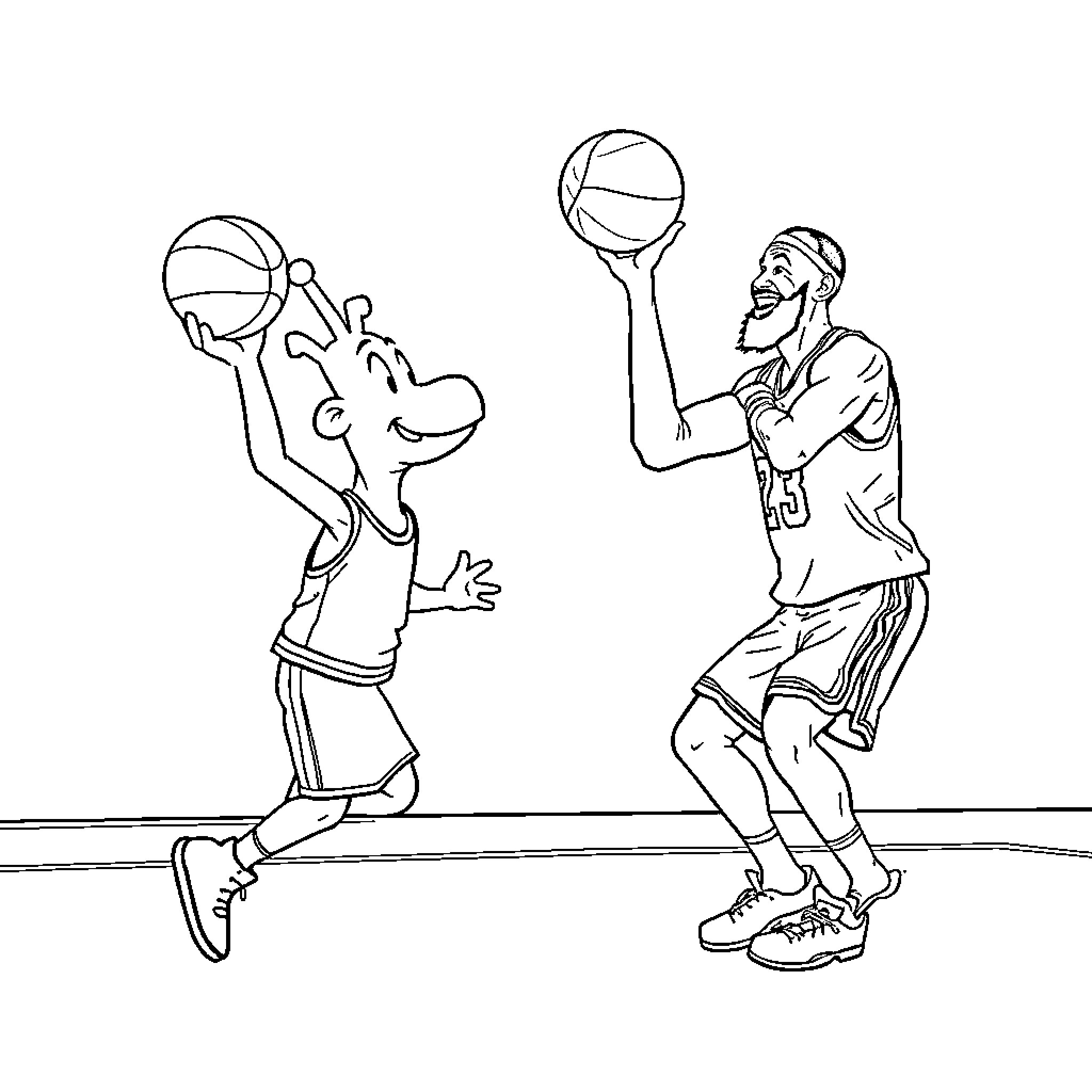 Brr Brr Patapim Basketball Players in Action Coloring Page (free black-and-white line drawing printable PDF for all, from beginners to advanced learners, including children, teens, adults, and seniors)