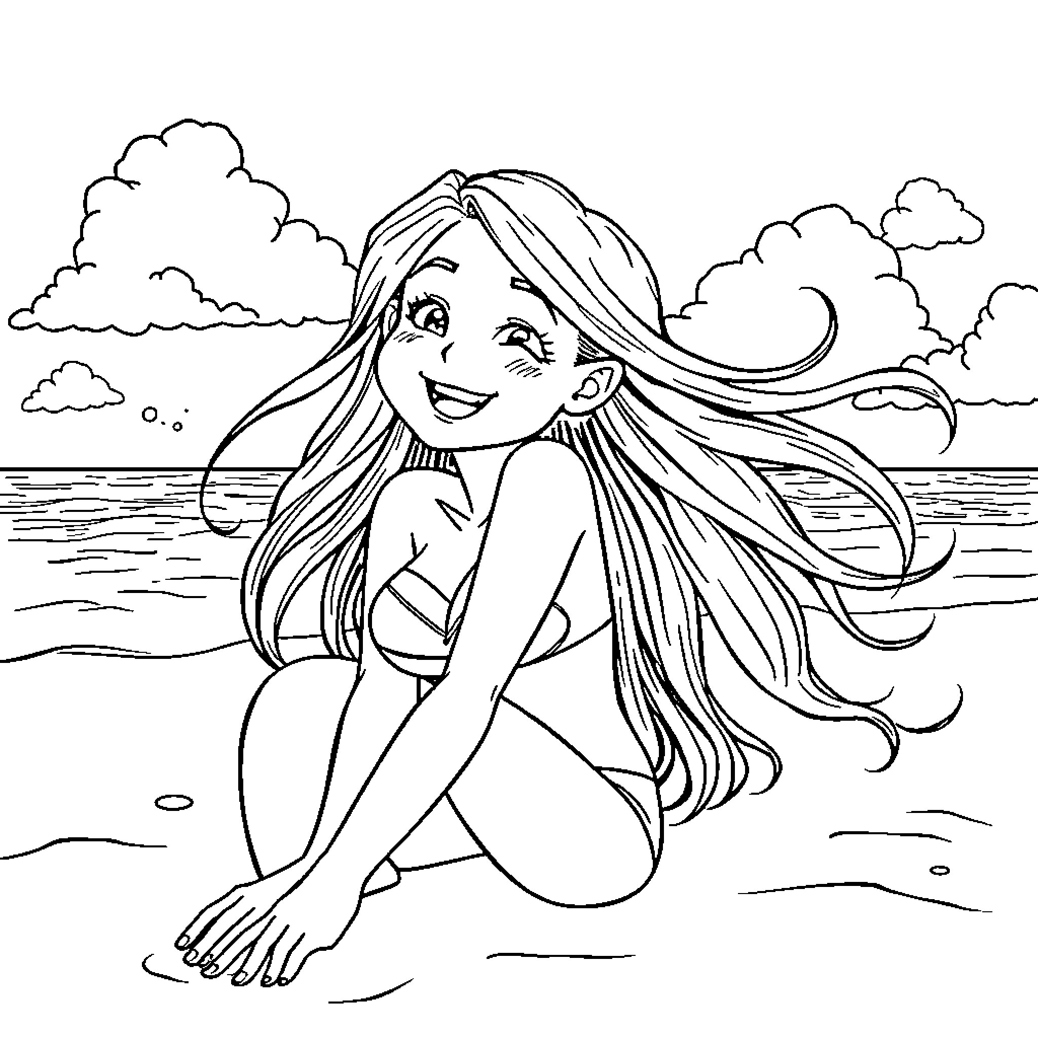 Nami enjoying a sunny day at the beach Coloring Page (free black-and-white line drawing printable PDF for all, from beginners to advanced learners, including children, teens, adults, and seniors)