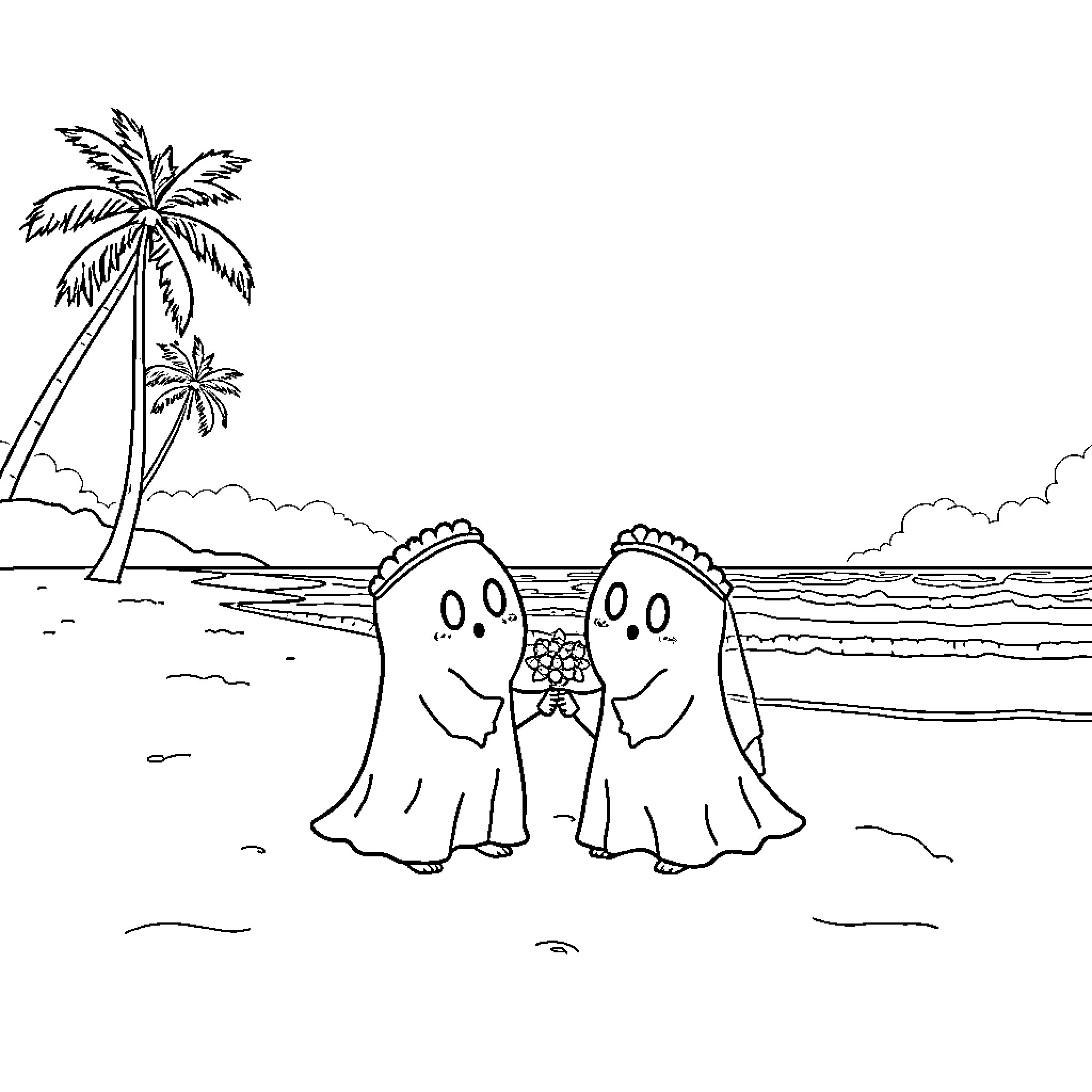 Ghost figures playing on the beach Coloring Page (free black-and-white line drawing printable PDF for all, from beginners to advanced learners, including children, teens, adults, and seniors)