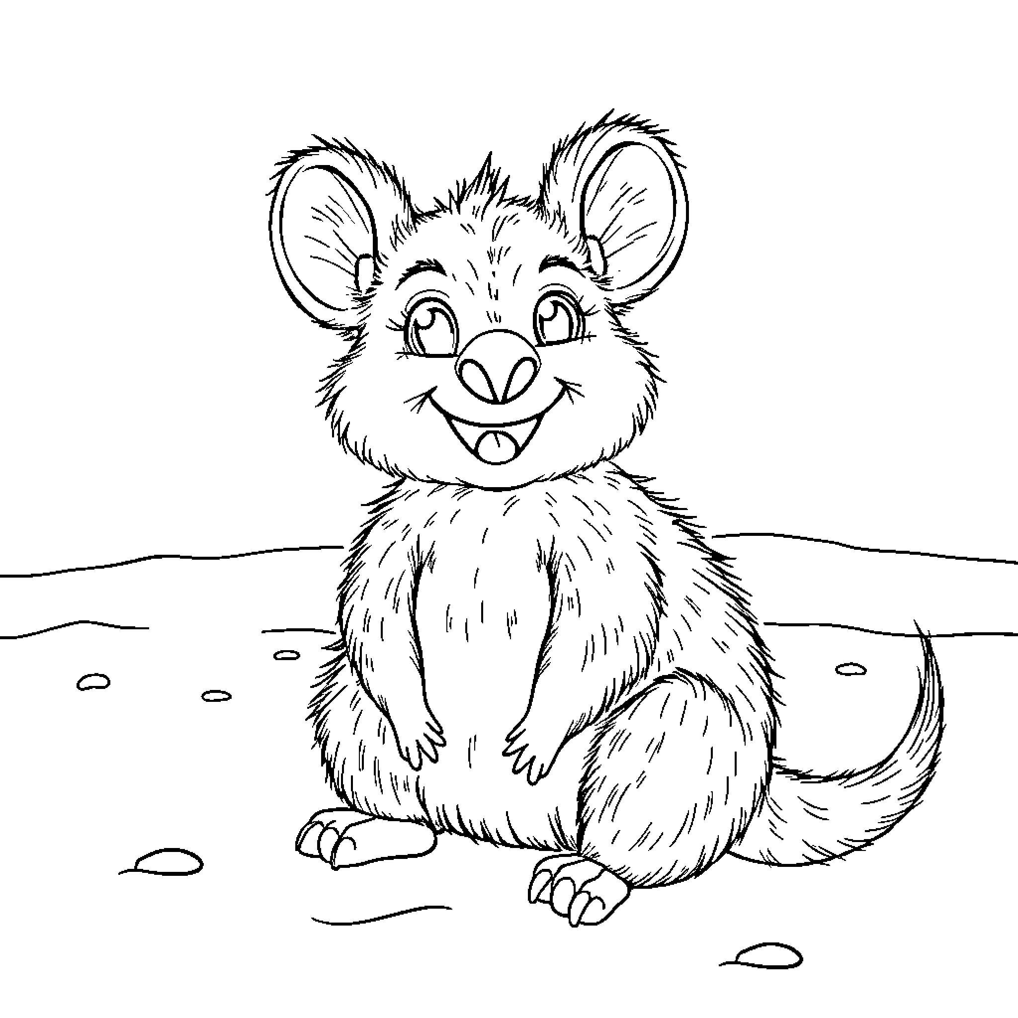Quokka sitting and smiling in the outdoors Coloring Page (free black-and-white line drawing printable PDF for all, from beginners to advanced learners, including children, teens, adults, and seniors)