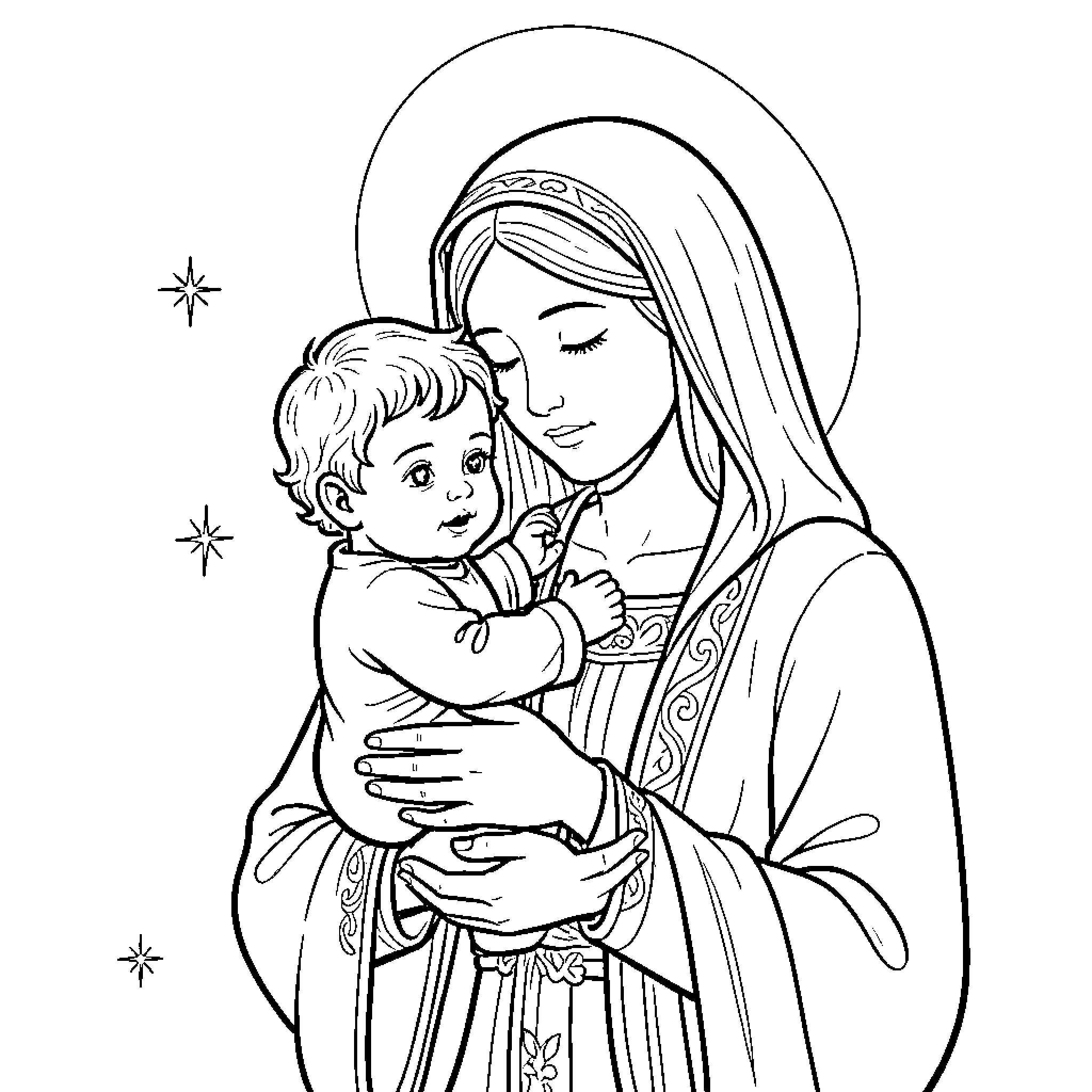 Jesus and the Loving Mother Embracing the Child Coloring Page (free black-and-white line drawing printable PDF for all, from beginners to advanced learners, including children, teens, adults, and seniors)