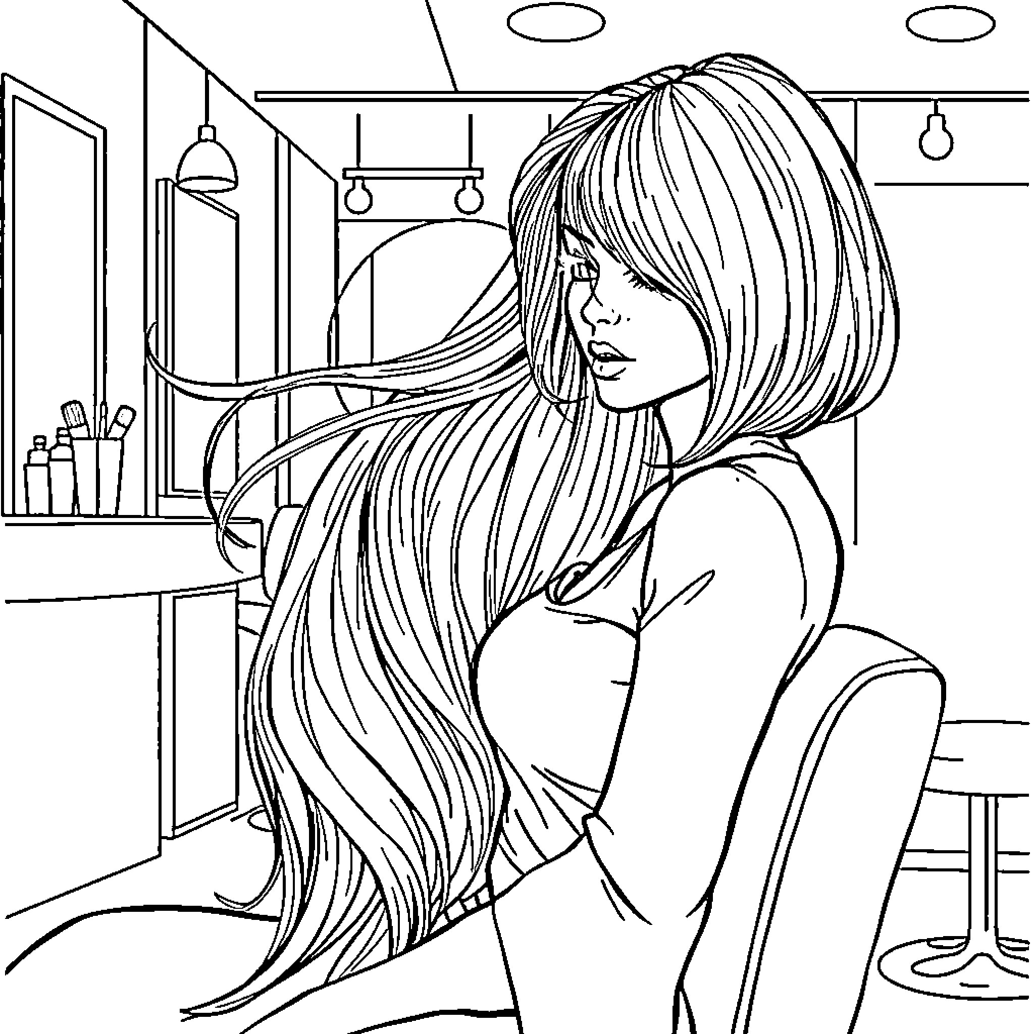 Woman getting her hair styled at the salon Coloring Page (free black-and-white line drawing printable PDF for all, from beginners to advanced learners, including children, teens, adults, and seniors)
