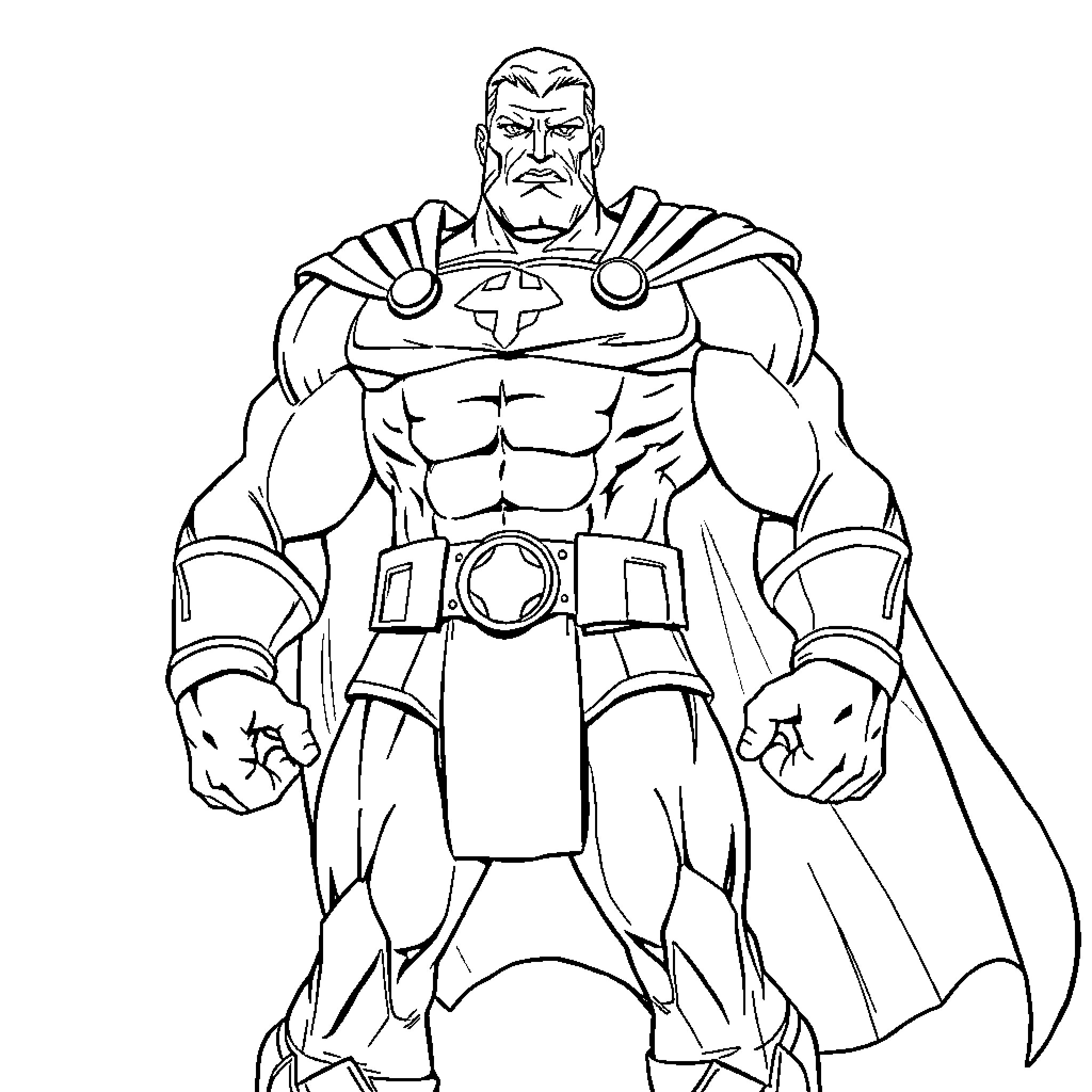 Titan Cormerman in heroic stance with muscular build and detailed costume Coloring Page (free black-and-white line drawing printable PDF for all, from beginners to advanced learners, including children, teens, adults, and seniors)