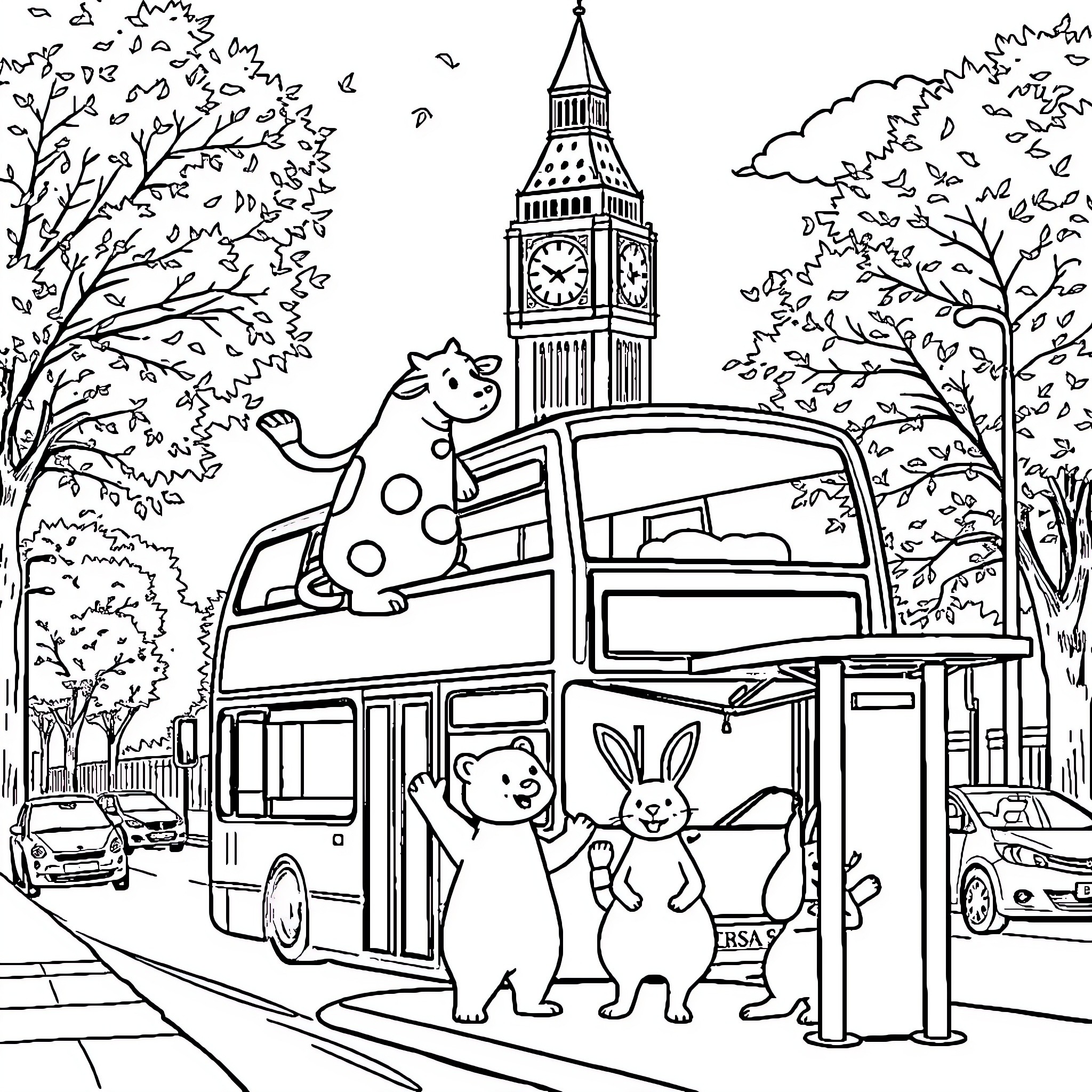 Animal friends riding on a double-decker bus in the city Coloring Page (free black-and-white line drawing printable PDF for all, from beginners to advanced learners, including children, teens, adults, and seniors)