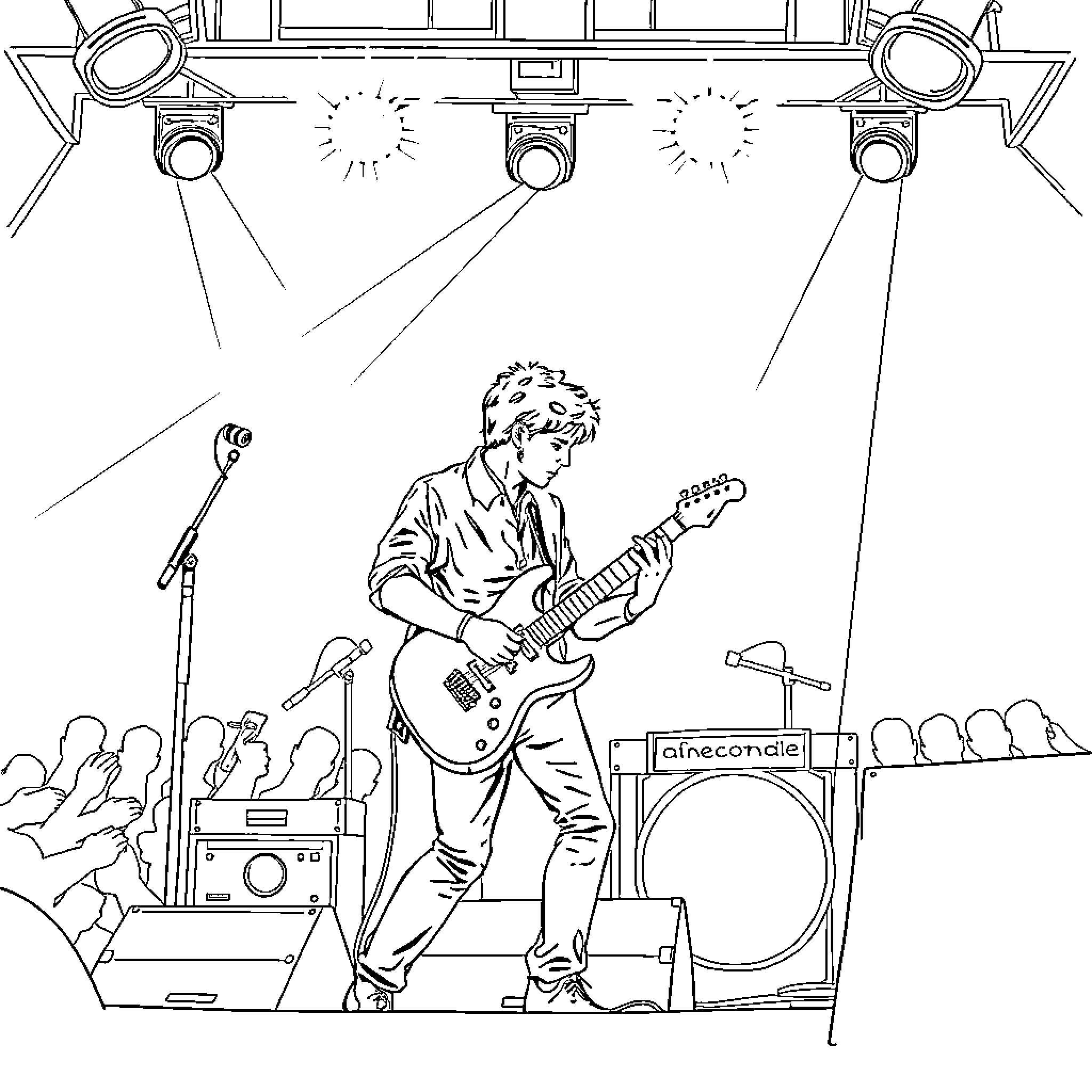 Concert performer rocking out on stage Coloring Page (free black-and-white line drawing printable PDF for all, from beginners to advanced learners, including children, teens, adults, and seniors)