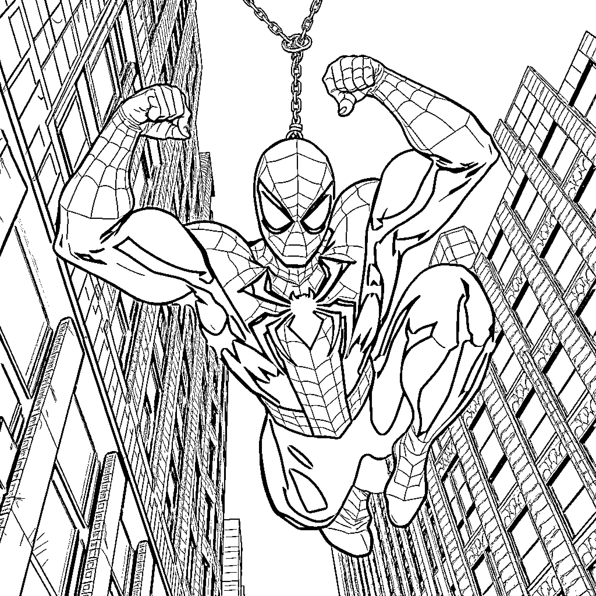 Spider-Man swinging through the city with determination Coloring Page (free black-and-white line drawing printable PDF for all, from beginners to advanced learners, including children, teens, adults, and seniors)