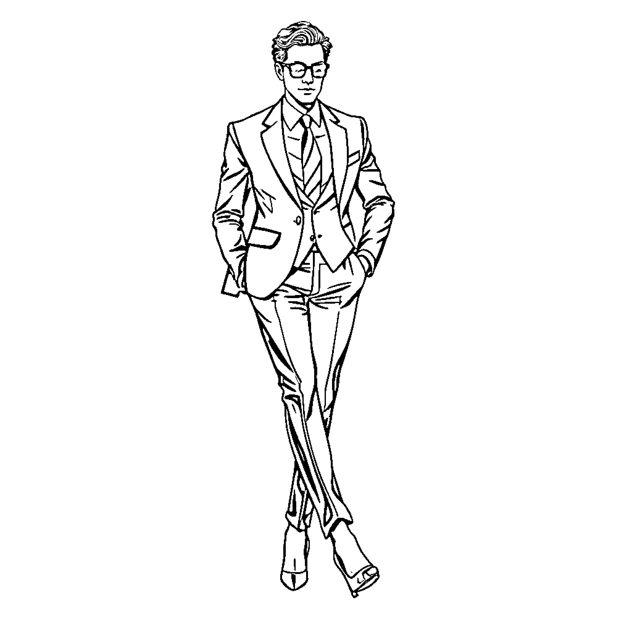Man in formal attire walking with confidence Coloring Page (free black-and-white line drawing printable PDF for all, from beginners to advanced learners, including children, teens, adults, and seniors)