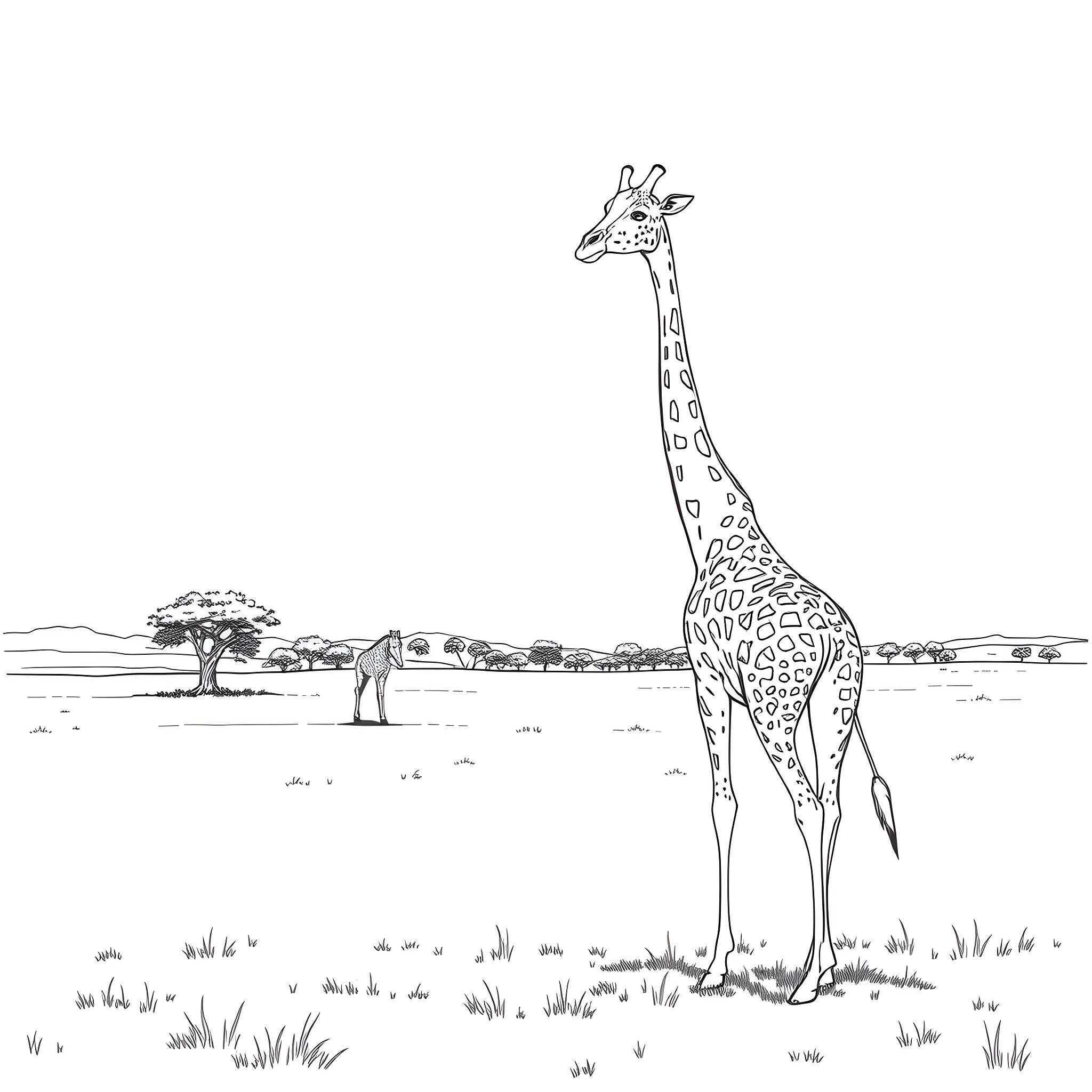 Giraffe towering above the African savanna Coloring Page (free black-and-white line drawing printable PDF for all, from beginners to advanced learners, including children, teens, adults, and seniors)