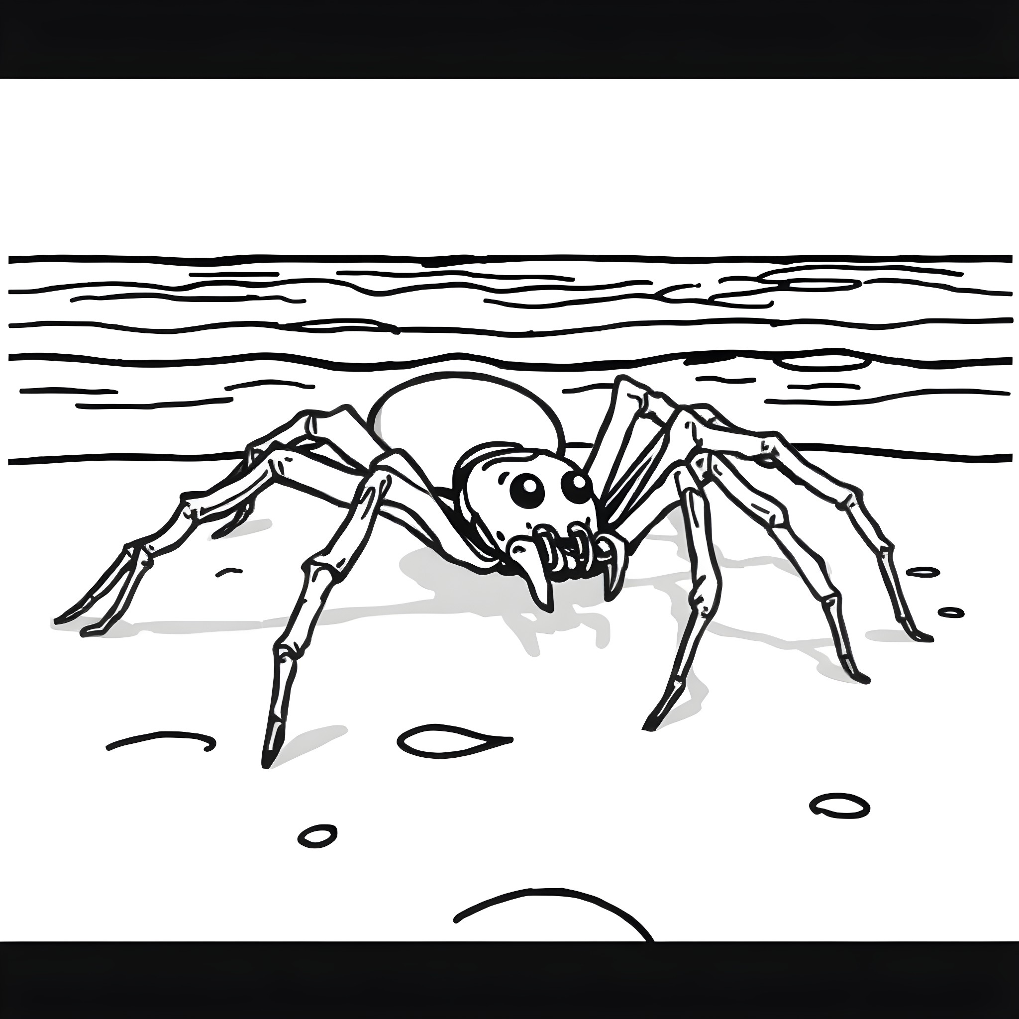 Ghost Spider scurrying across a dark, gloomy landscape Coloring Page (free black-and-white line drawing printable PDF for all, from beginners to advanced learners, including children, teens, adults, and seniors)