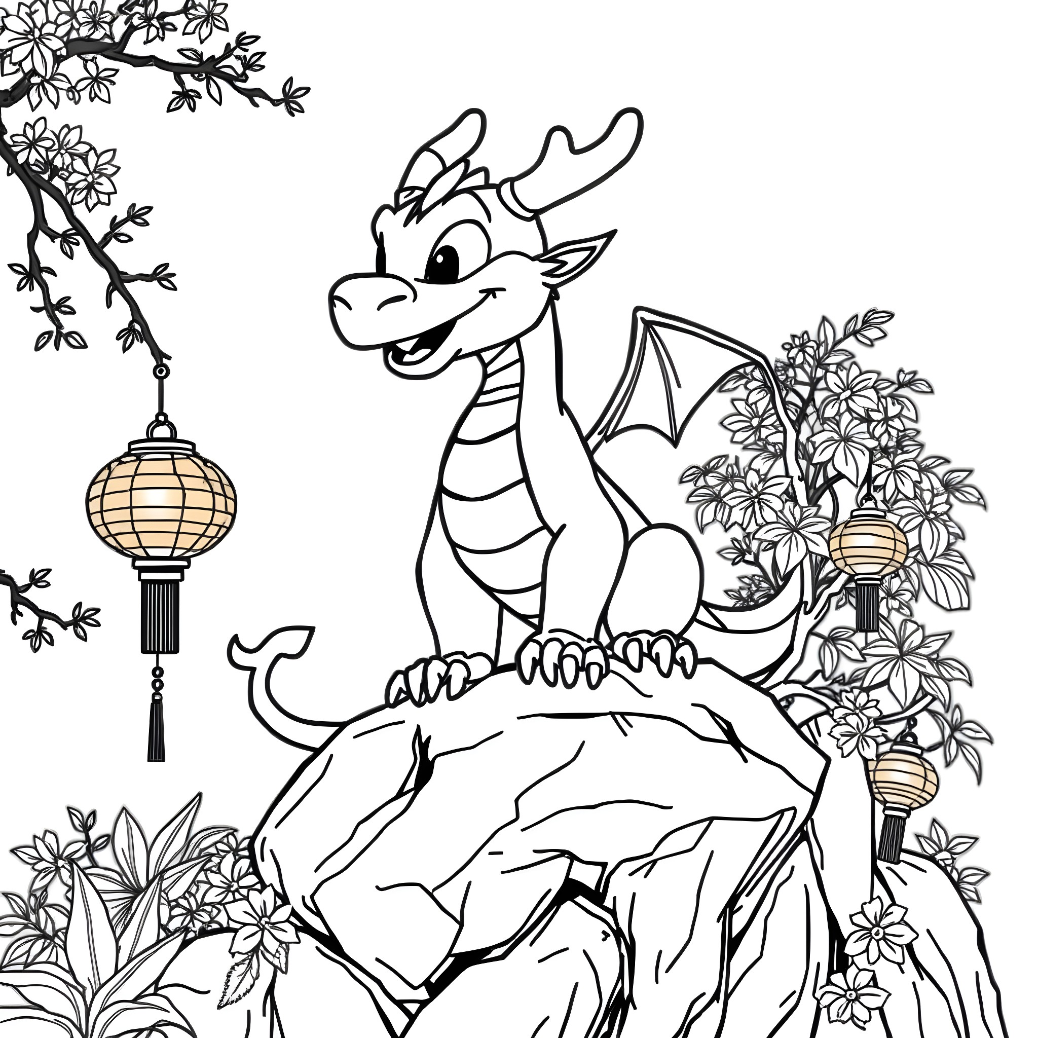 Mushu the Dragon Enjoying the Scenic Lanterns Coloring Page (free black-and-white line drawing printable PDF for all, from beginners to advanced learners, including children, teens, adults, and seniors)