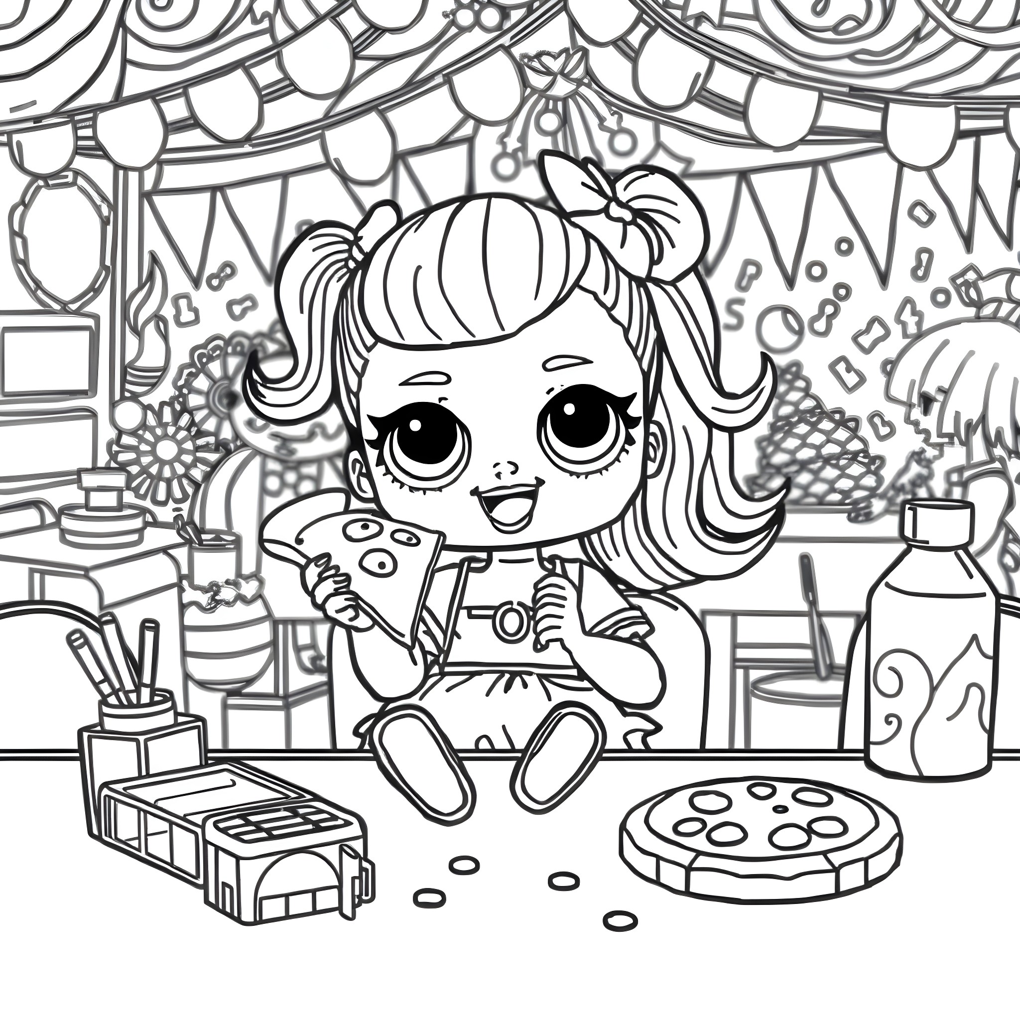 Lol Doll making arts and crafts in a playful room Coloring Page (free black-and-white line drawing printable PDF for all, from beginners to advanced learners, including children, teens, adults, and seniors)