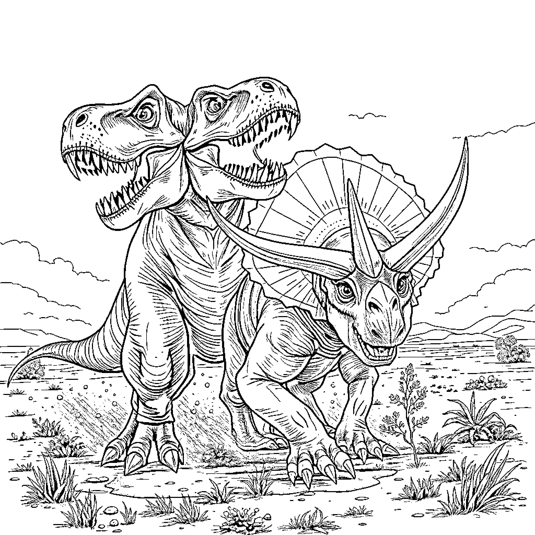 Dinosaurs Battling in Prehistoric Landscape Coloring Page (free black-and-white line drawing printable PDF for all, from beginners to advanced learners, including children, teens, adults, and seniors)