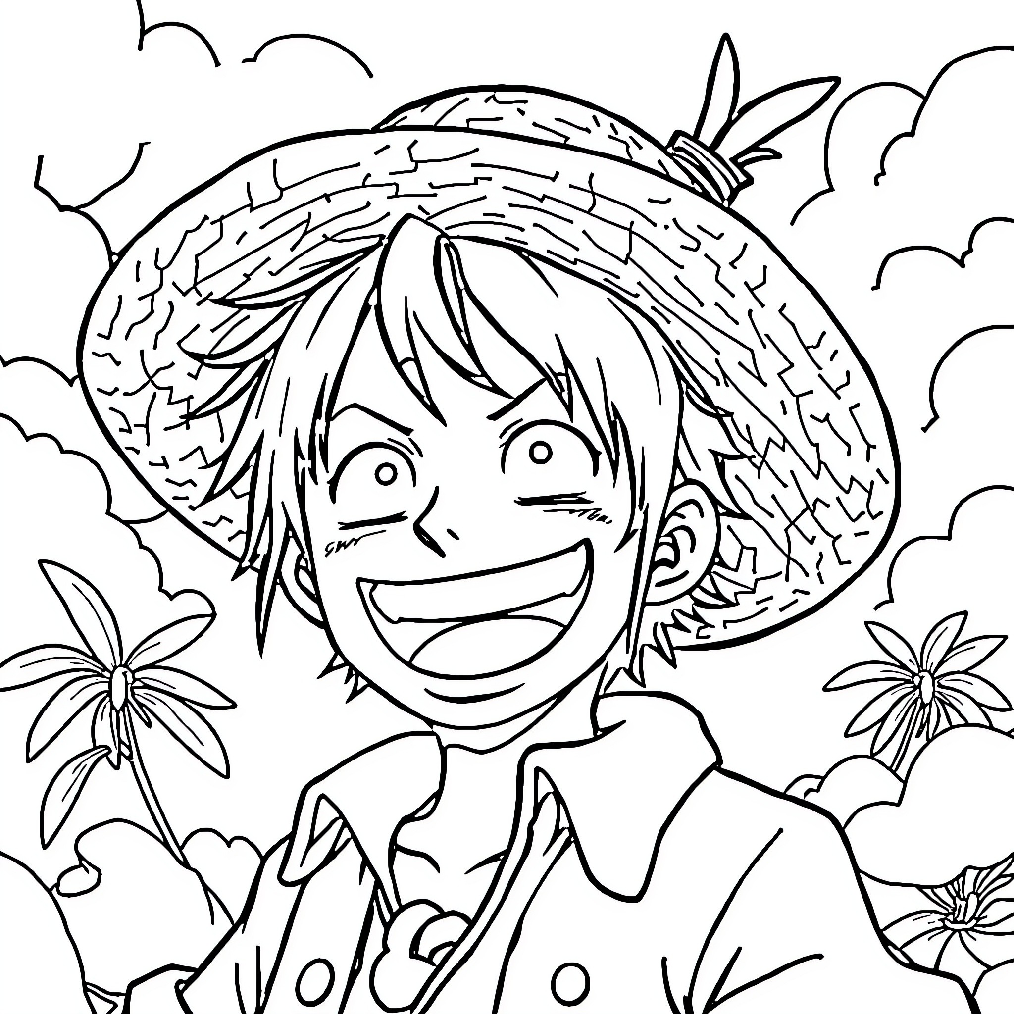 Luffy's Tropical Adventure Coloring Page (free black-and-white line drawing printable PDF for all, from beginners to advanced learners, including children, teens, adults, and seniors)