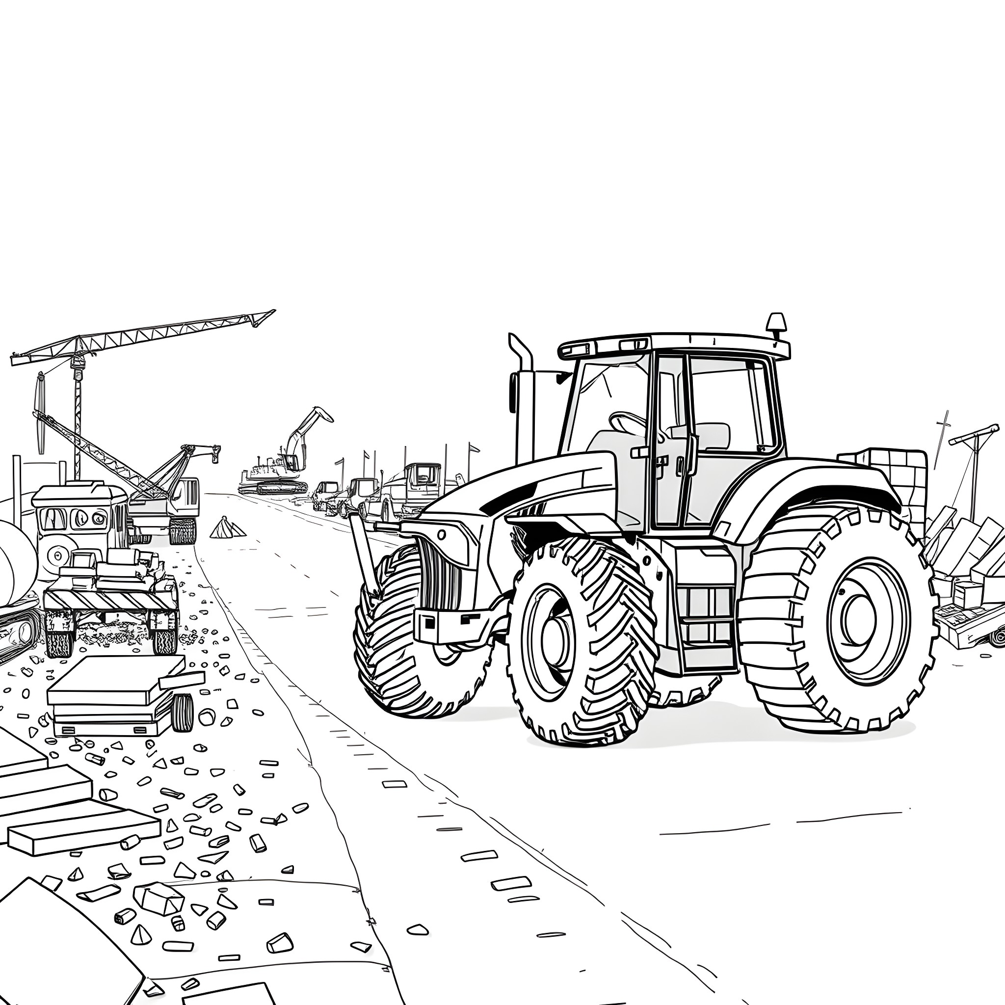 Tractor Operated at Construction Site Coloring Page (free black-and-white line drawing printable PDF for all, from beginners to advanced learners, including children, teens, adults, and seniors)