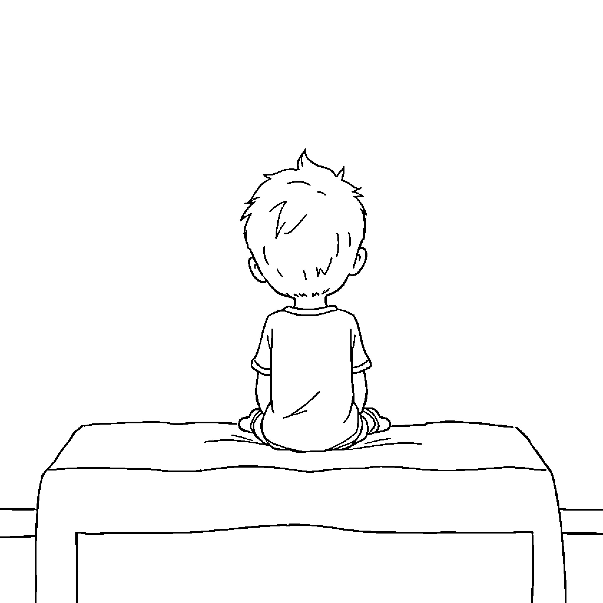 Boy sitting alone on a bed Coloring Page (free black-and-white line drawing printable PDF for all, from beginners to advanced learners, including children, teens, adults, and seniors)