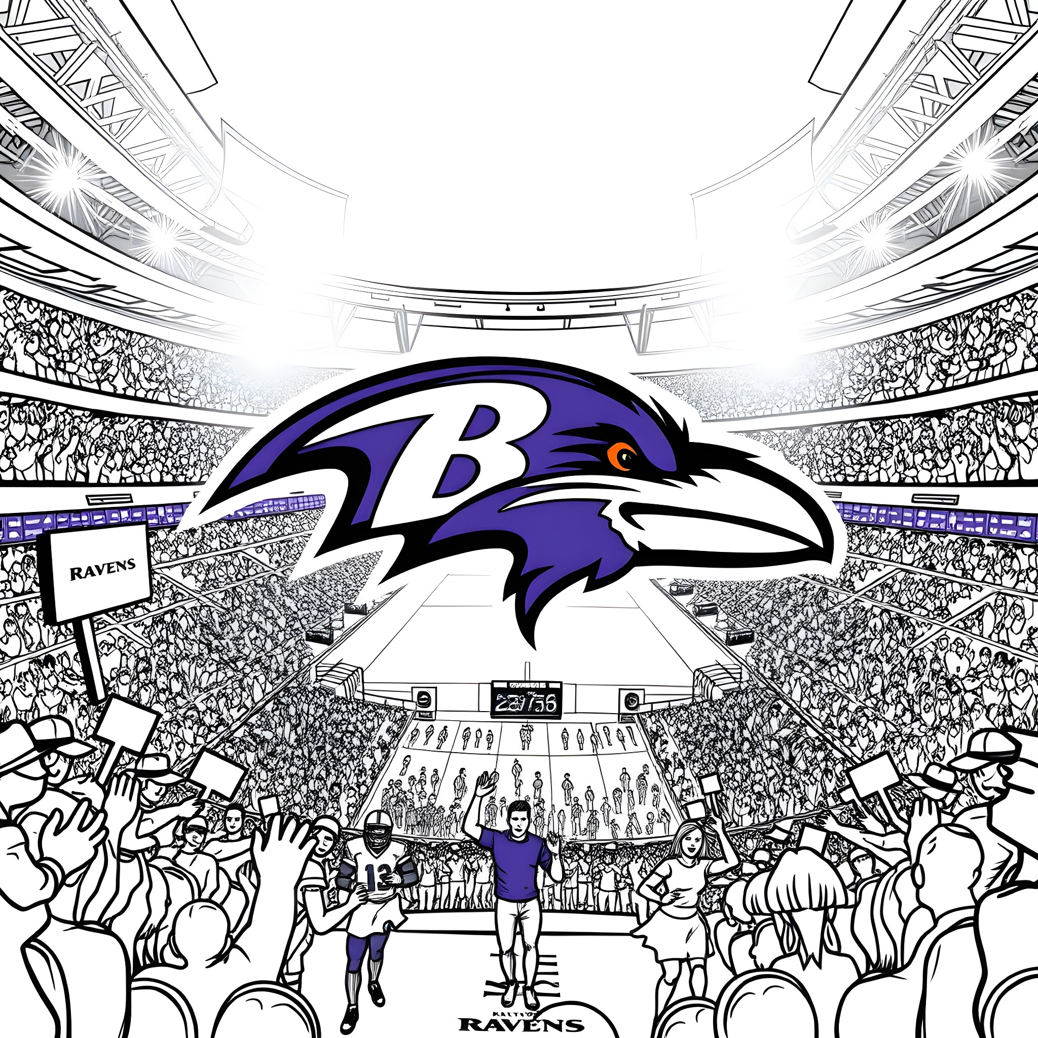 Ravens in a Bustling Stadium Atmosphere Coloring Page (free black-and-white line drawing printable PDF for all, from beginners to advanced learners, including children, teens, adults, and seniors)