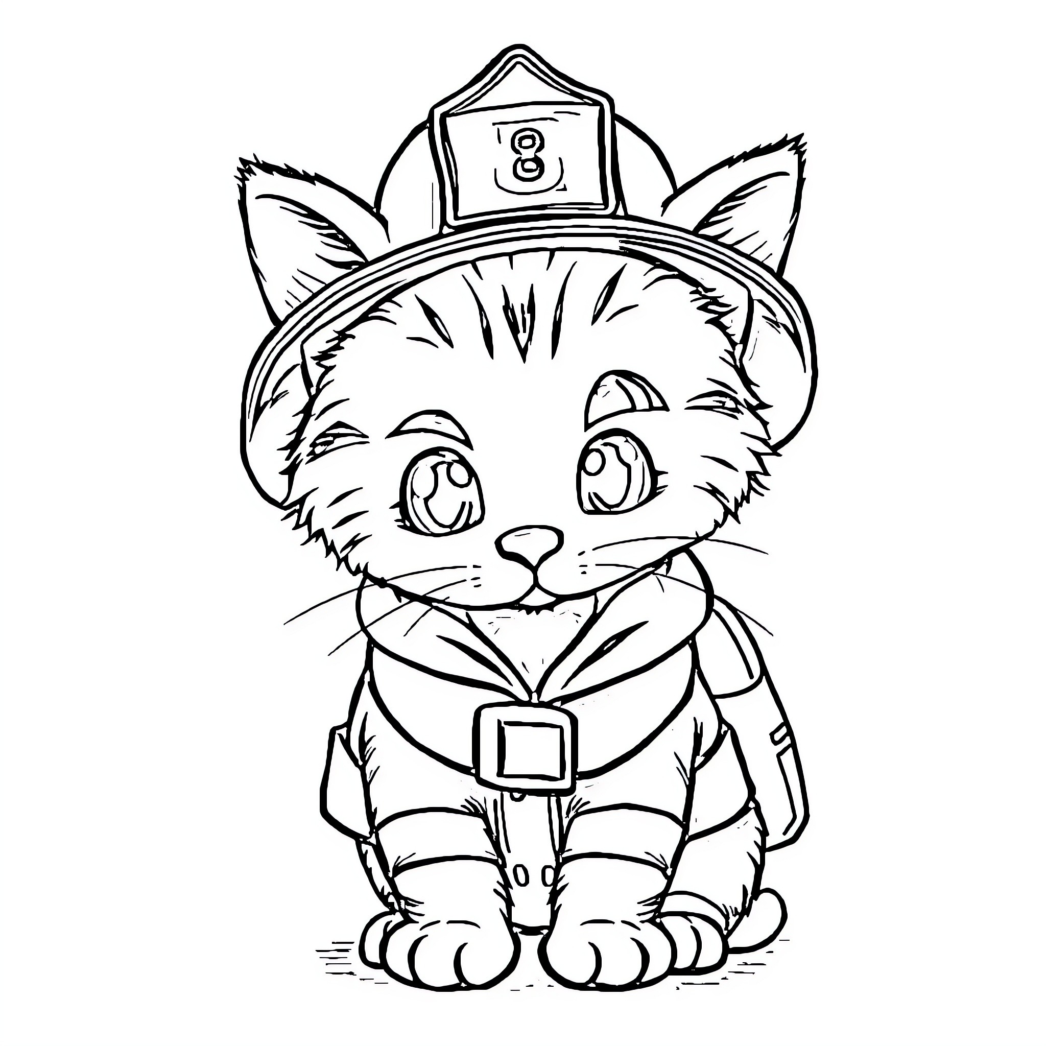 Firefighter kitten in uniform with helmet Coloring Page (free black-and-white line drawing printable PDF for all, from beginners to advanced learners, including children, teens, adults, and seniors)