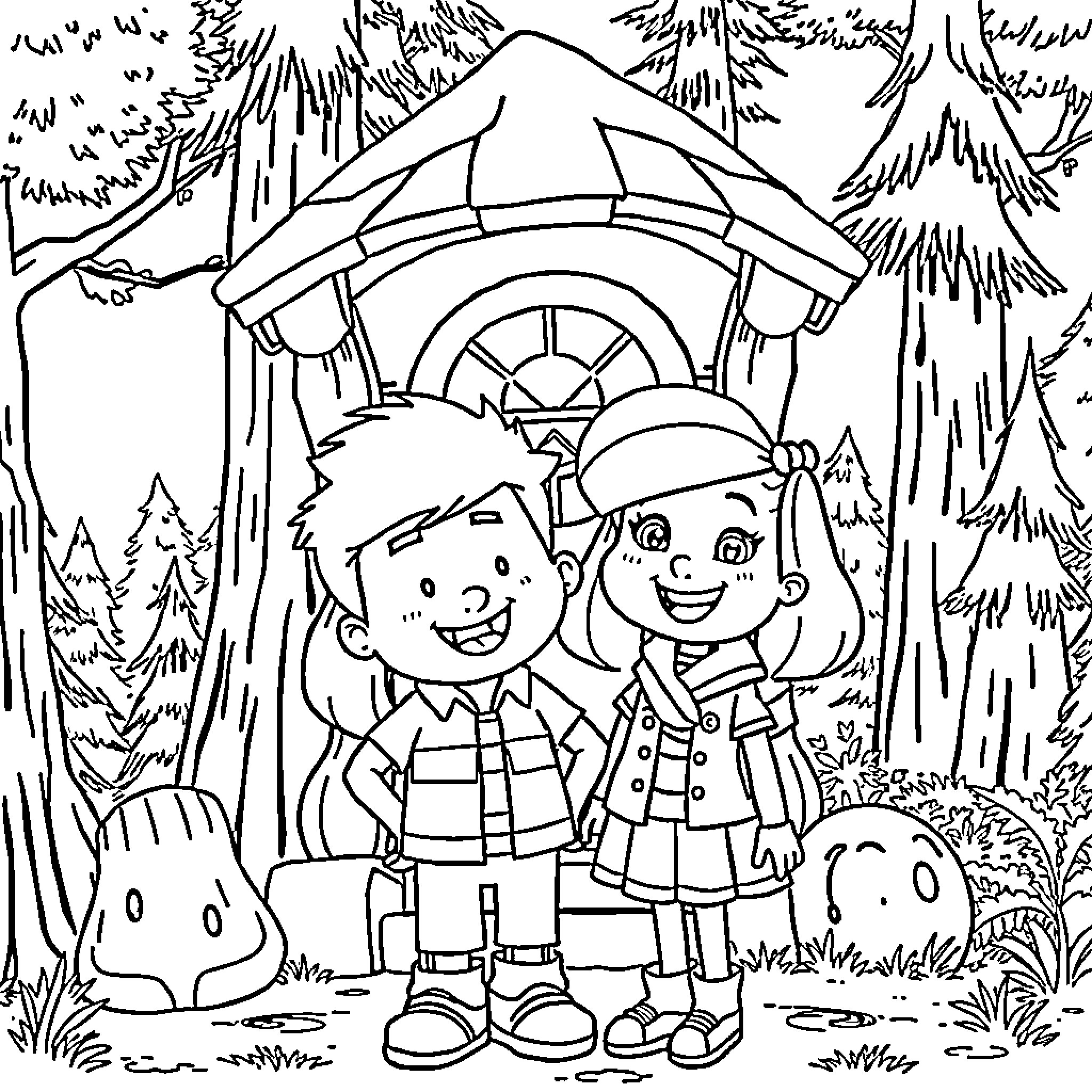 Dipper and Mabel explore a magical cabin in the woods Coloring Page (free black-and-white line drawing printable PDF for all, from beginners to advanced learners, including children, teens, adults, and seniors)