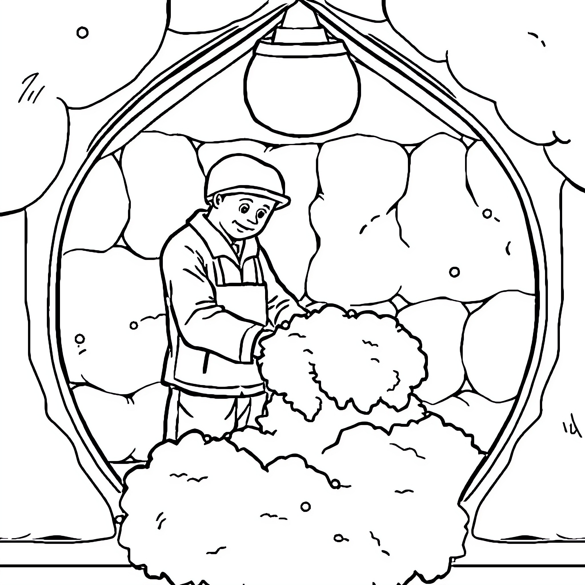 Insulation Maker Working Diligently in His Workshop Coloring Page (free black-and-white line drawing printable PDF for all, from beginners to advanced learners, including children, teens, adults, and seniors)