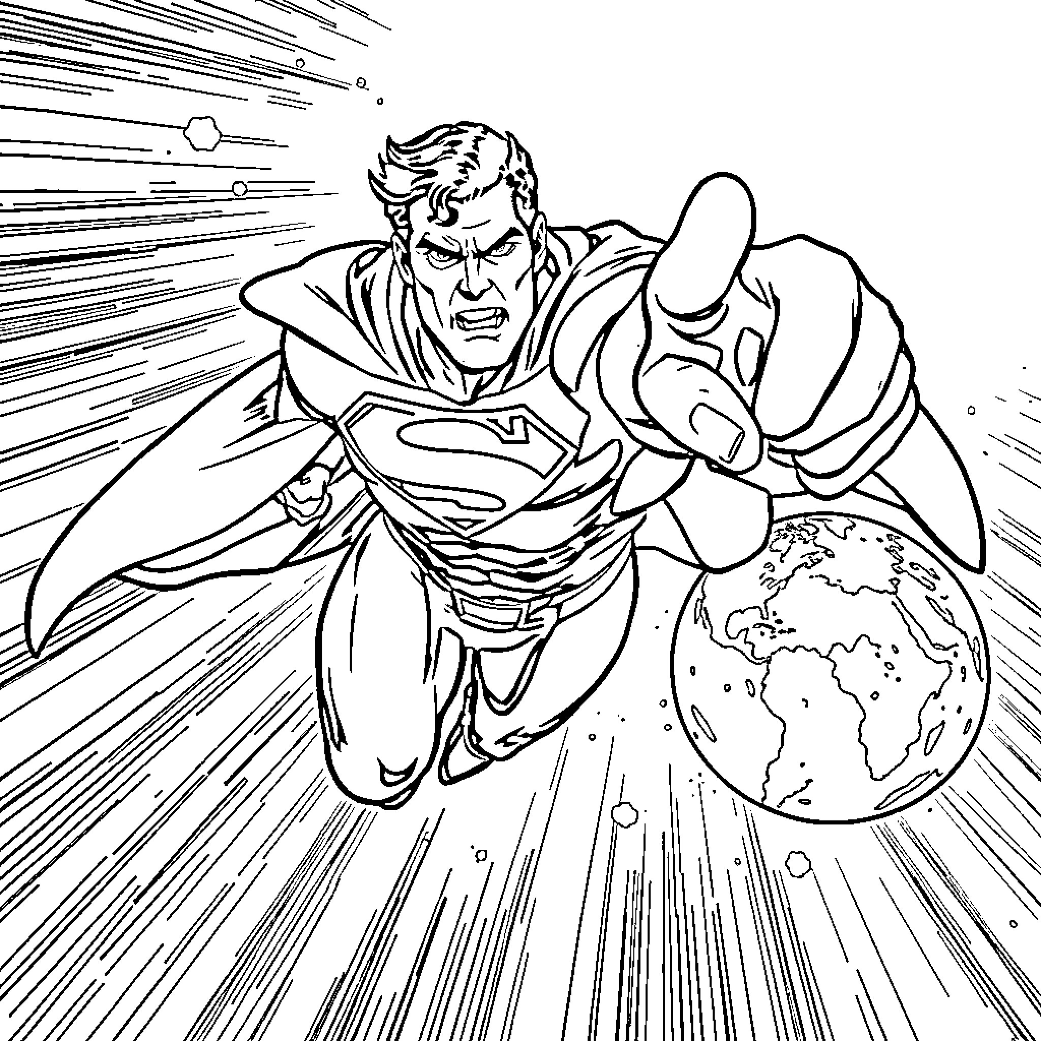 Superman saving the world with determination Coloring Page (free black-and-white line drawing printable PDF for all, from beginners to advanced learners, including children, teens, adults, and seniors)