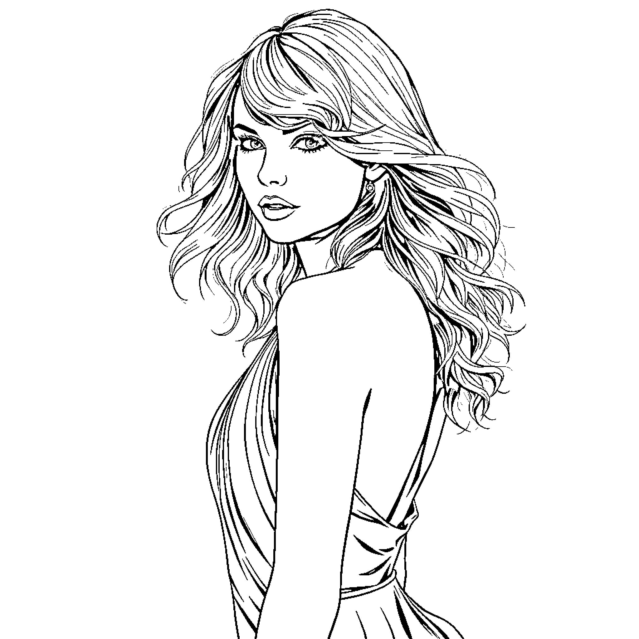 Taylor Swift posing with flowing hair and expression Coloring Page (free black-and-white line drawing printable PDF for all, from beginners to advanced learners, including children, teens, adults, and seniors)